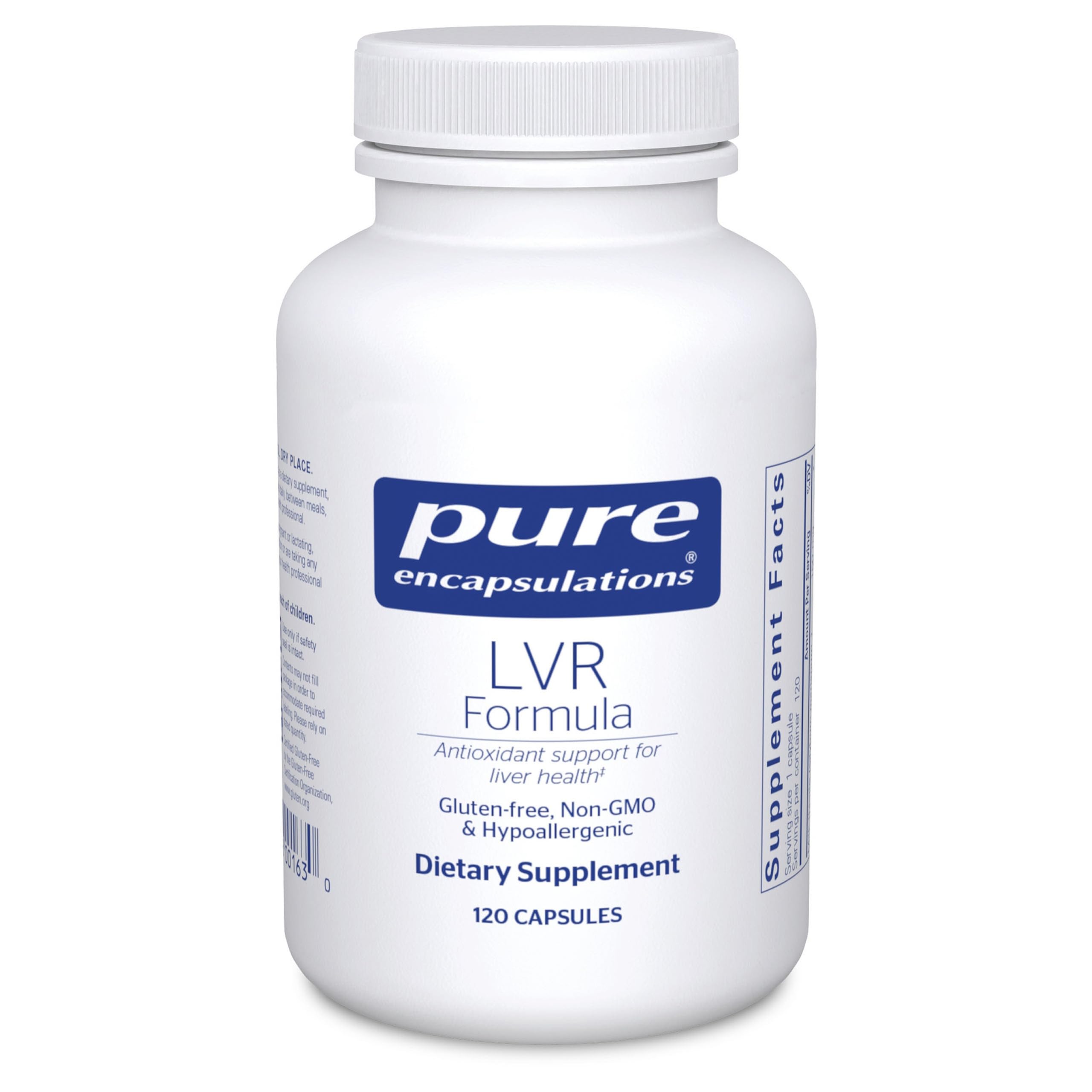 Pure Encapsulations LVR Formula en bote, soporte potencial para salud hepática y función celular.