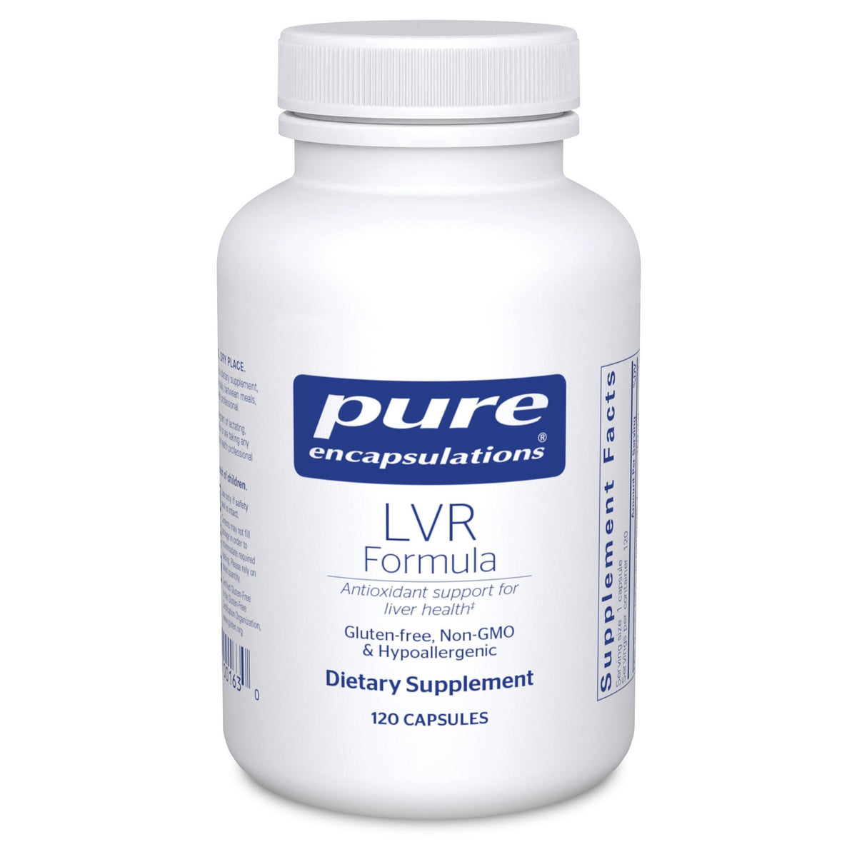 Pure Encapsulations LVR Formula en bote, soporte potencial para salud hepática y función celular.