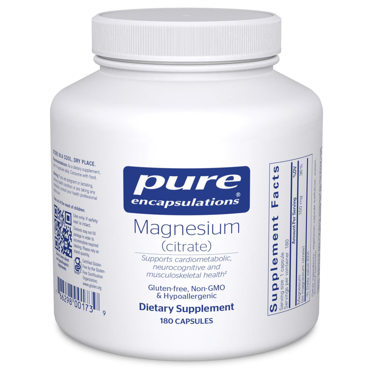 Pure Encapsulations Magnesio Citrato, frasco frontal, apoyo al sueño y relajación.