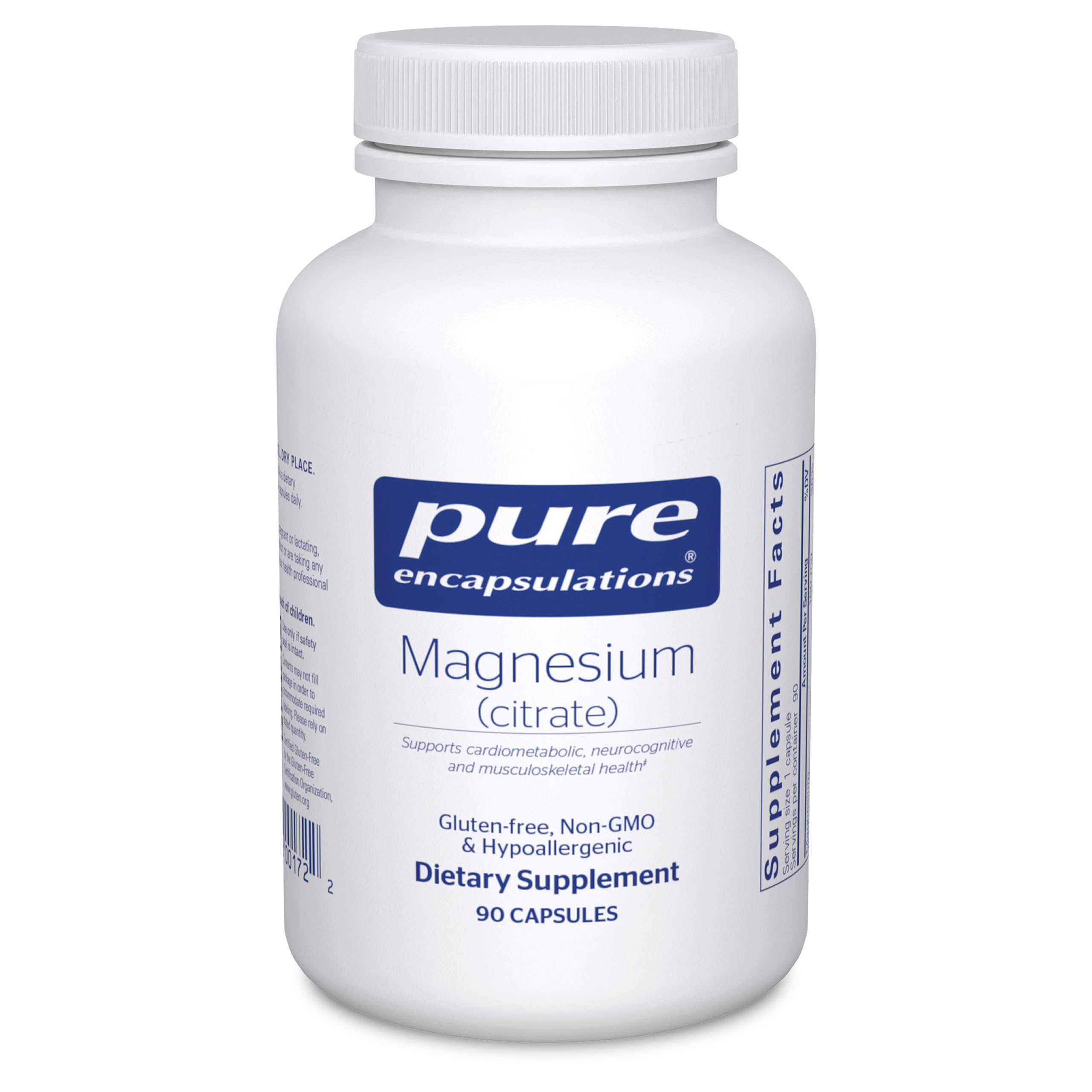 Pure Encapsulations Magnesio Citrato, botella de cápsulas para la relajación y el sueño.