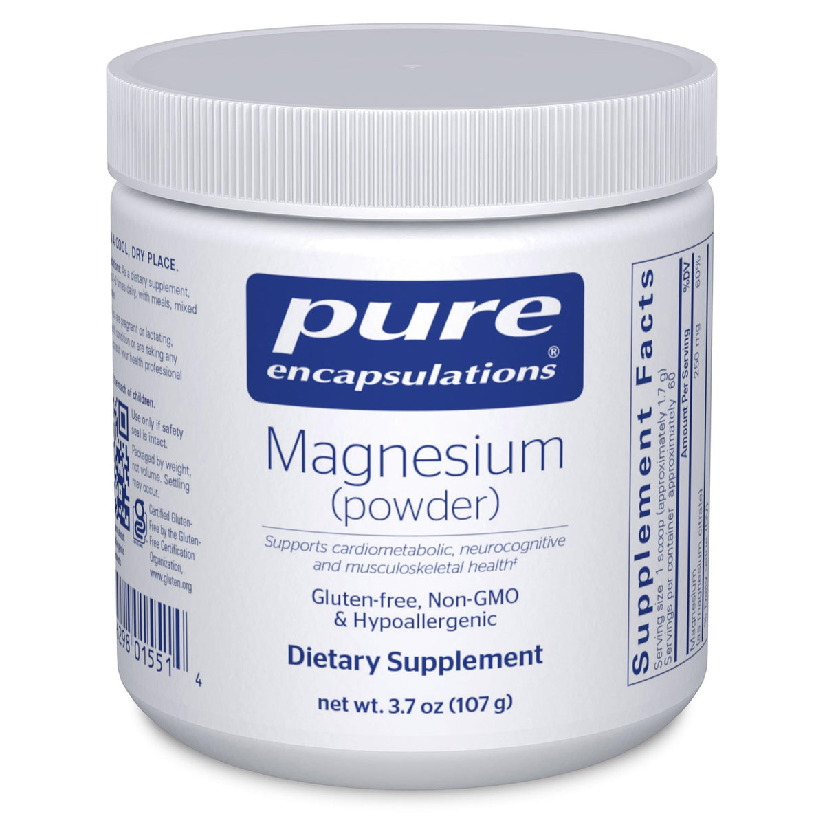 Pure Encapsulations Magnesium en polvo, envase práctico para dosis diaria.