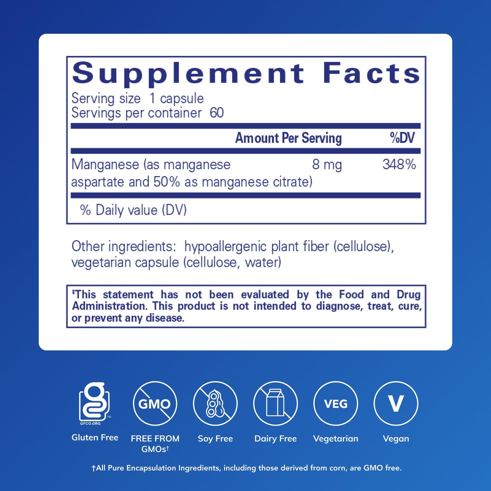 Pure Encapsulations manganeso-aspartato-citrato, cápsulas: dosis diaria para tejido conectivo.