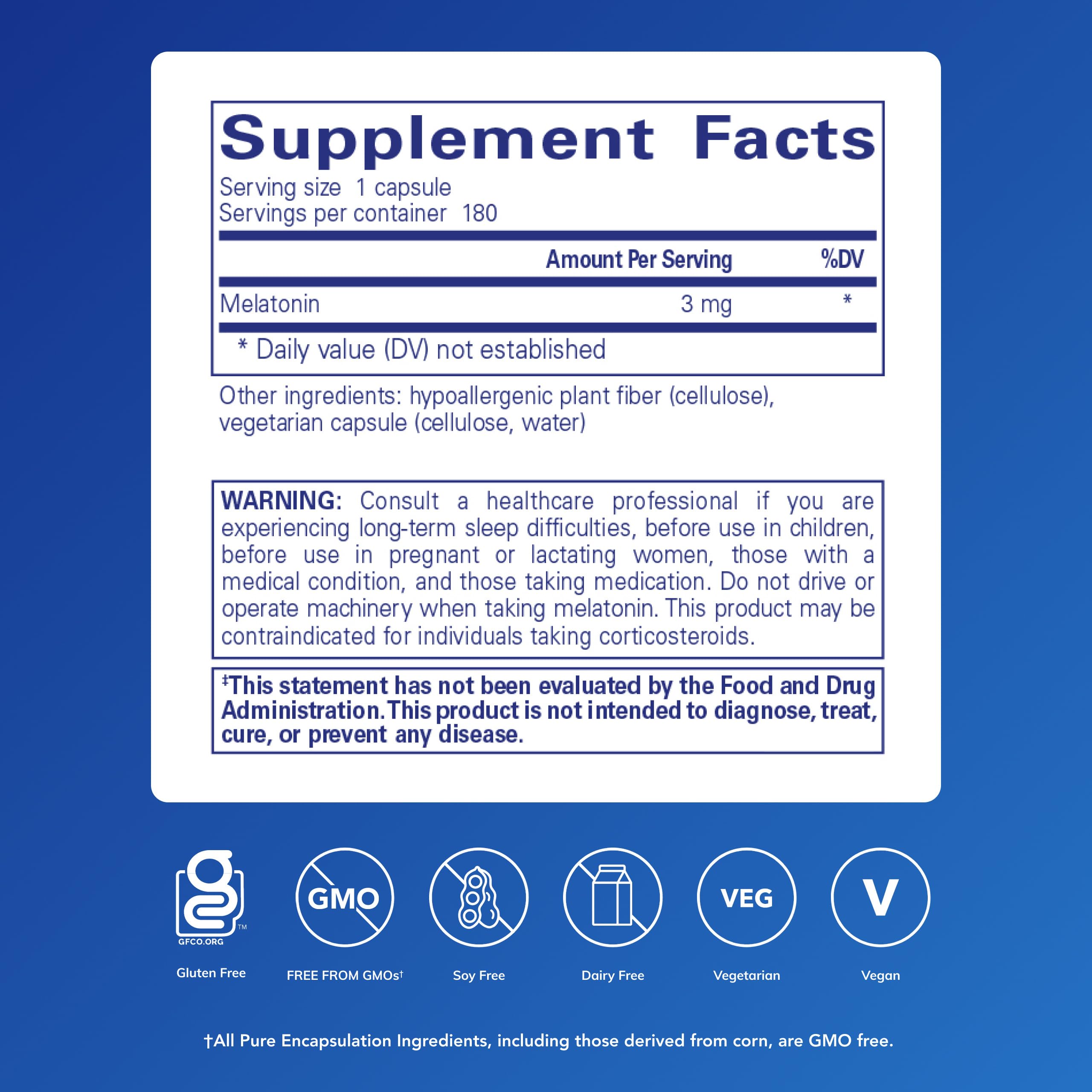 Etiqueta de Pure Encapsulations Melatonina 3 mg para apoyo al ciclo del sueño.