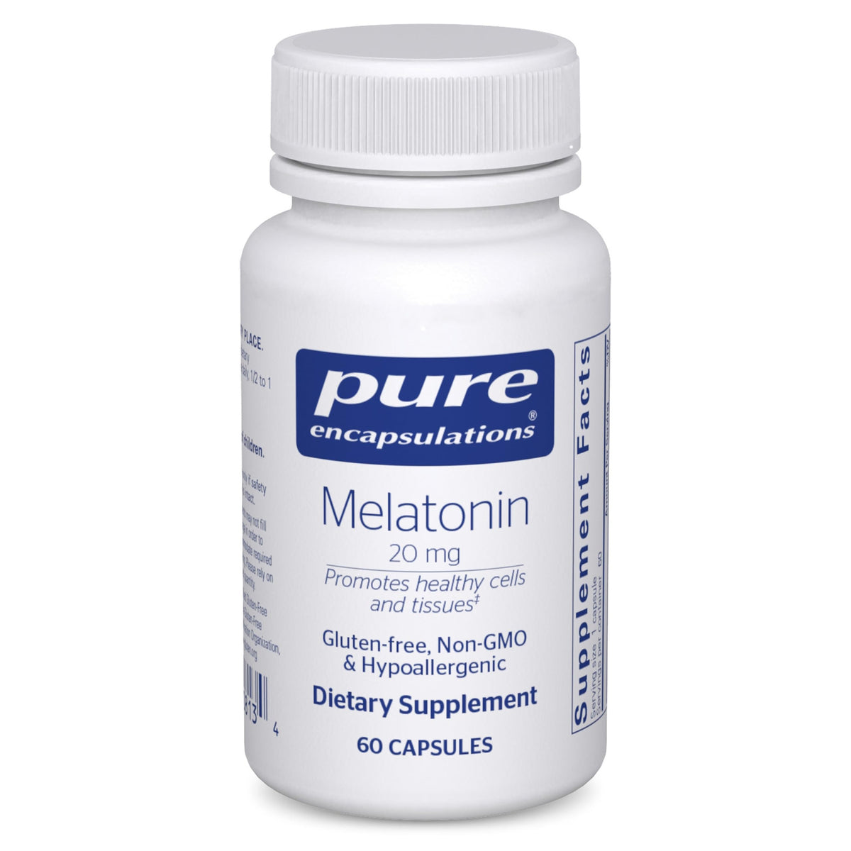 Pure Encapsulations Melatonina 20 mg, botella visible, posible apoyo a la salud general