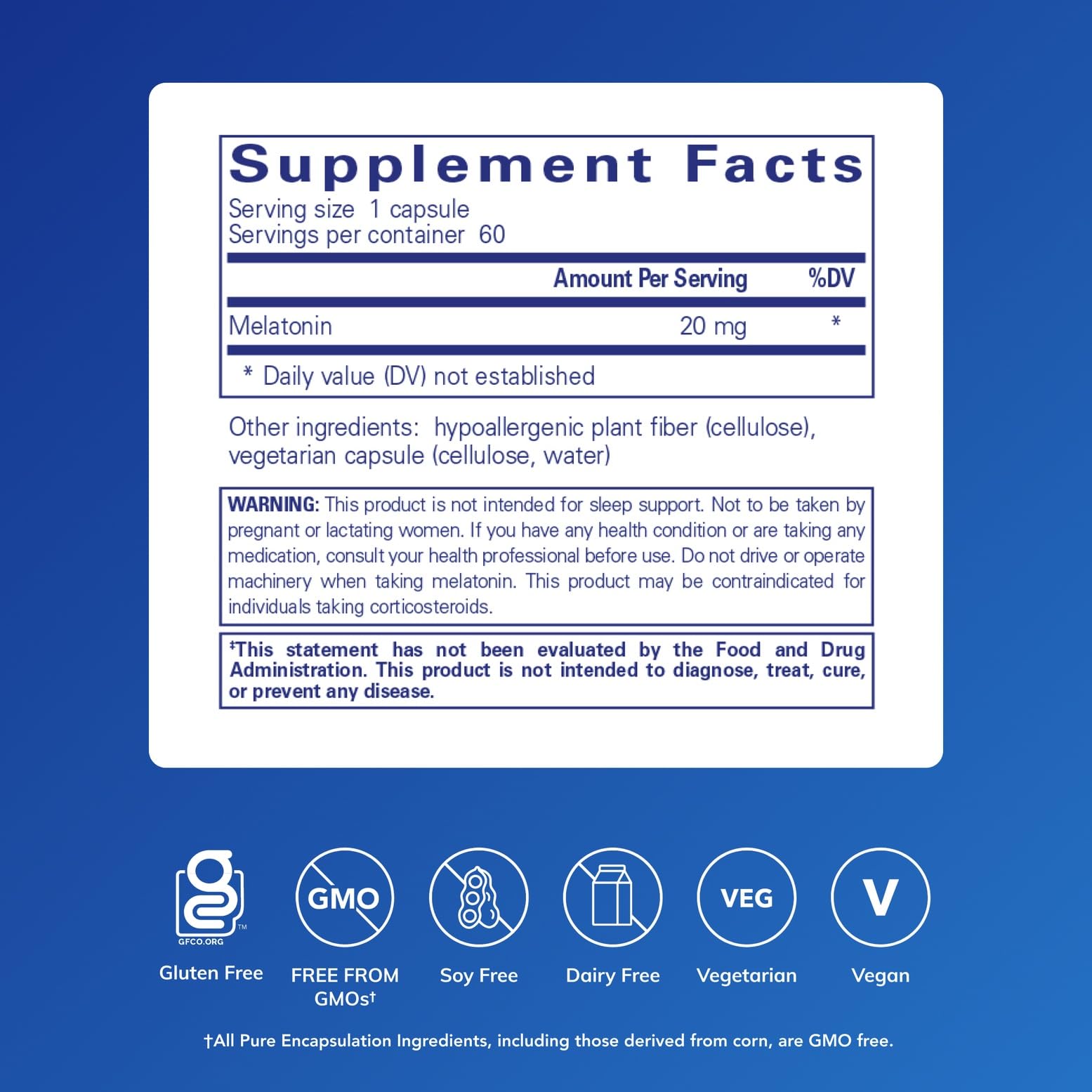 Pure Encapsulations Melatonina 20 mg, cápsulas, forma práctica para uso diario