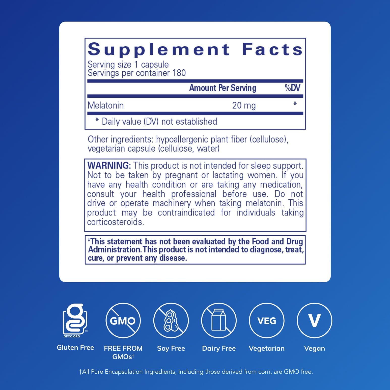 Etiqueta frontal de Pure Encapsulations Melatonina 20 mg para referencia rápida y confianza