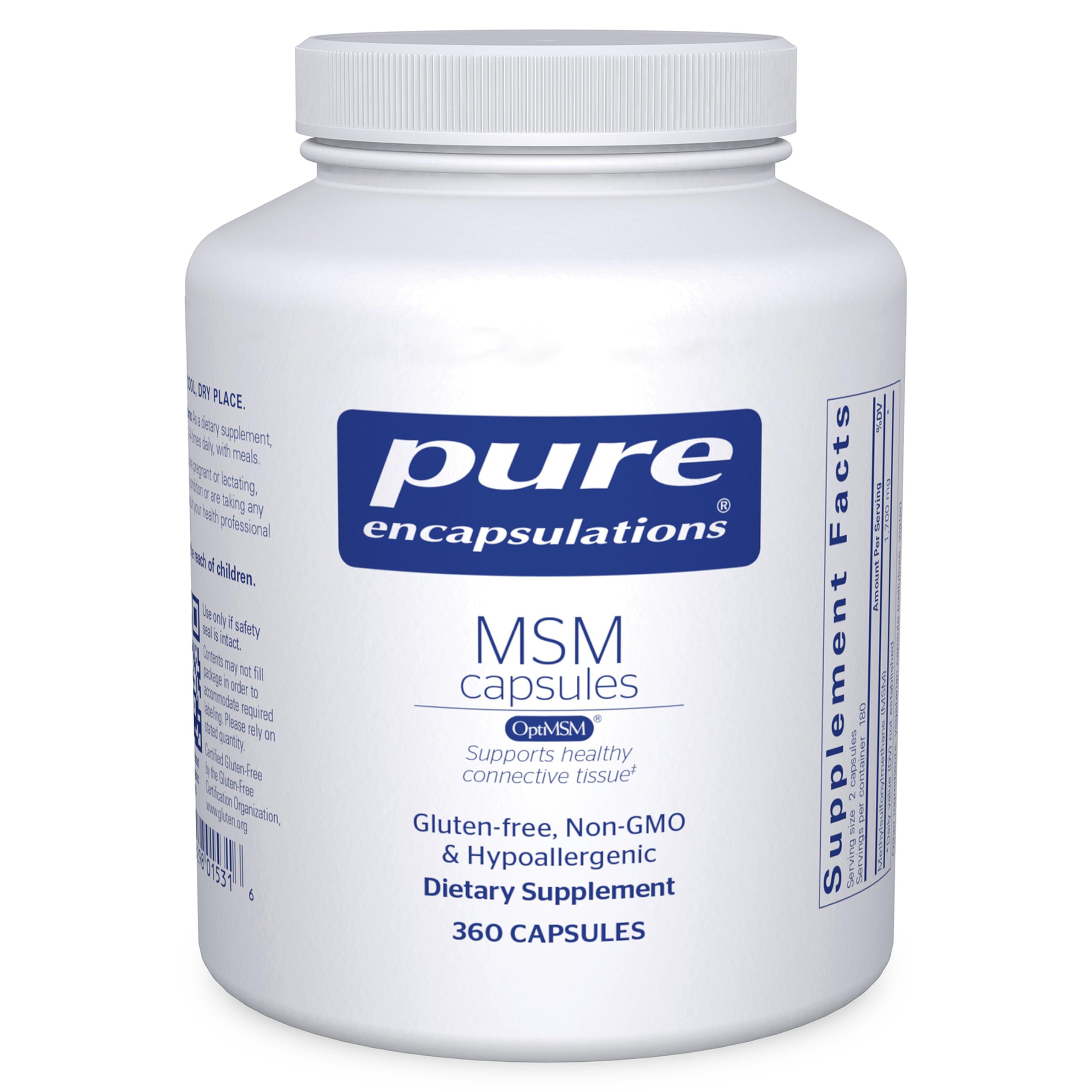 Pure Encapsulations MSM cápsulas, botella, posible apoyo a la movilidad diaria.