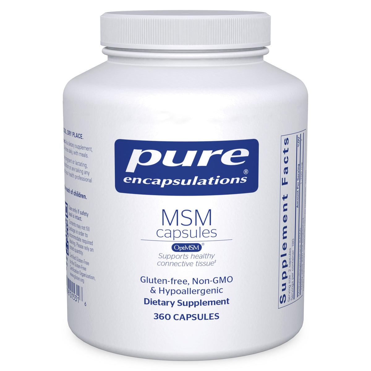 Pure Encapsulations MSM cápsulas, botella, posible apoyo a la movilidad diaria.