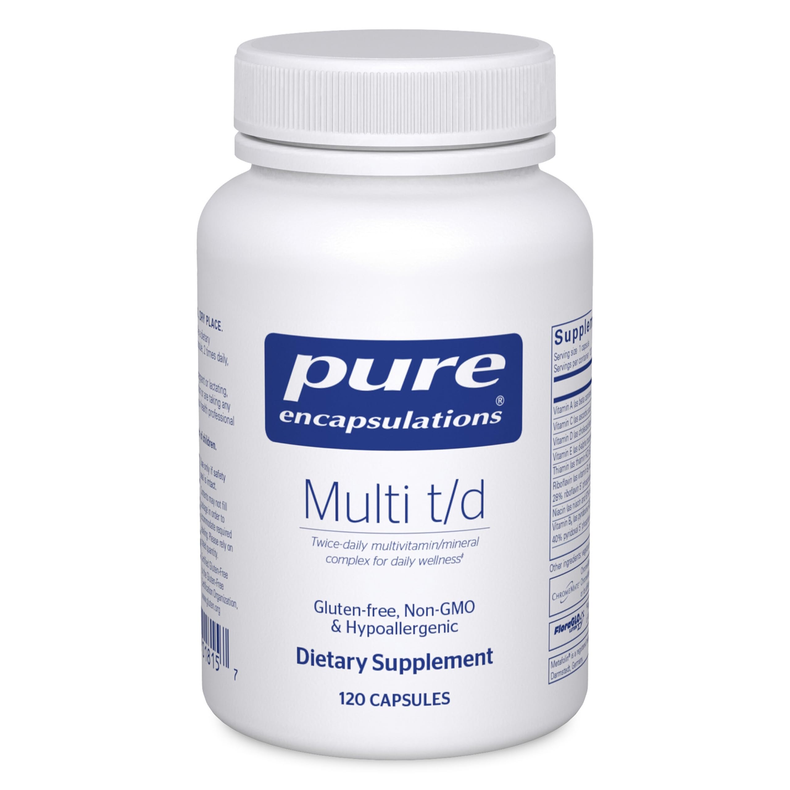 Pure Encapsulations Multi T/D, botella de cápsulas para apoyo diario del bienestar.