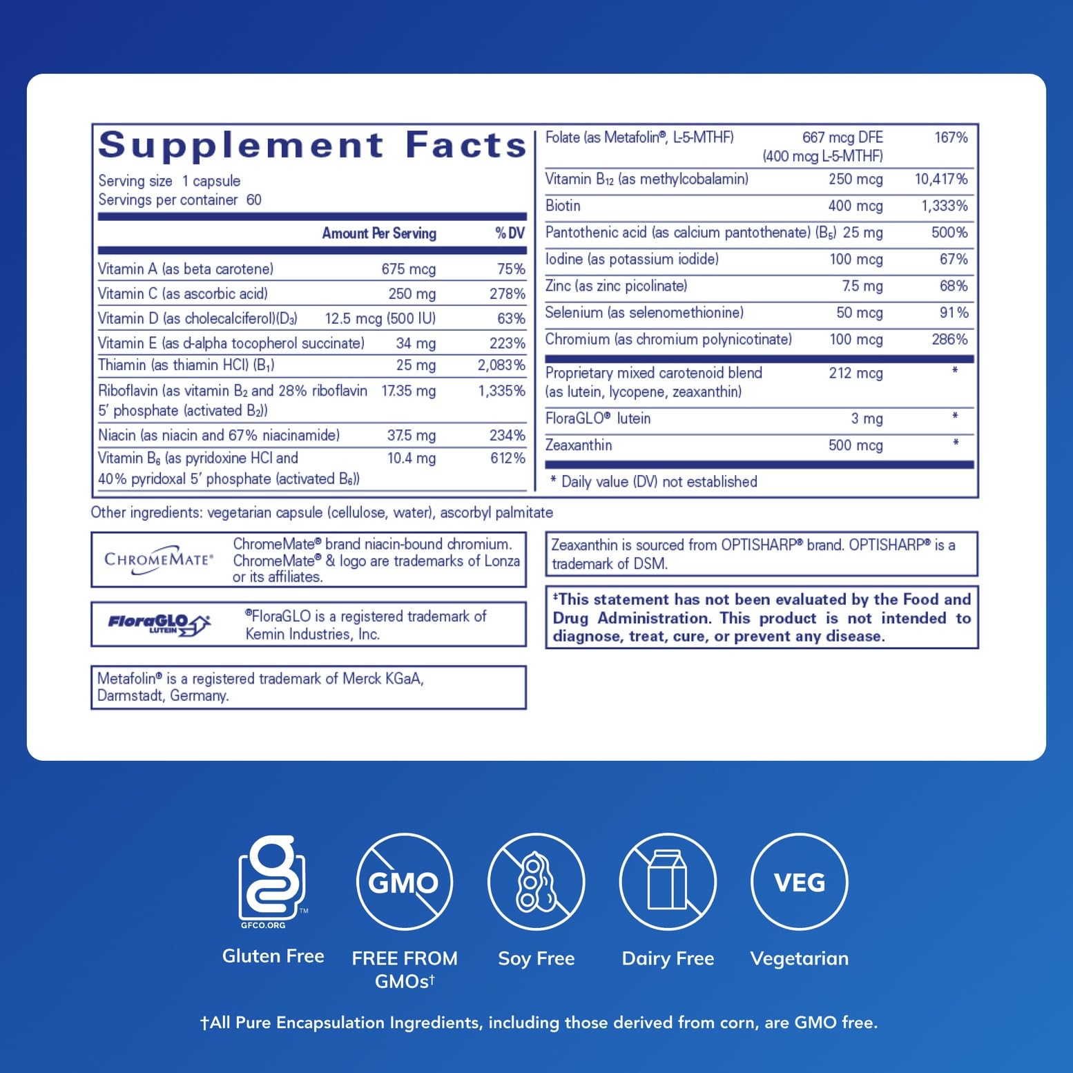 Pure Encapsulations Multi T/D, etiqueta frontal con información de ingredientes.