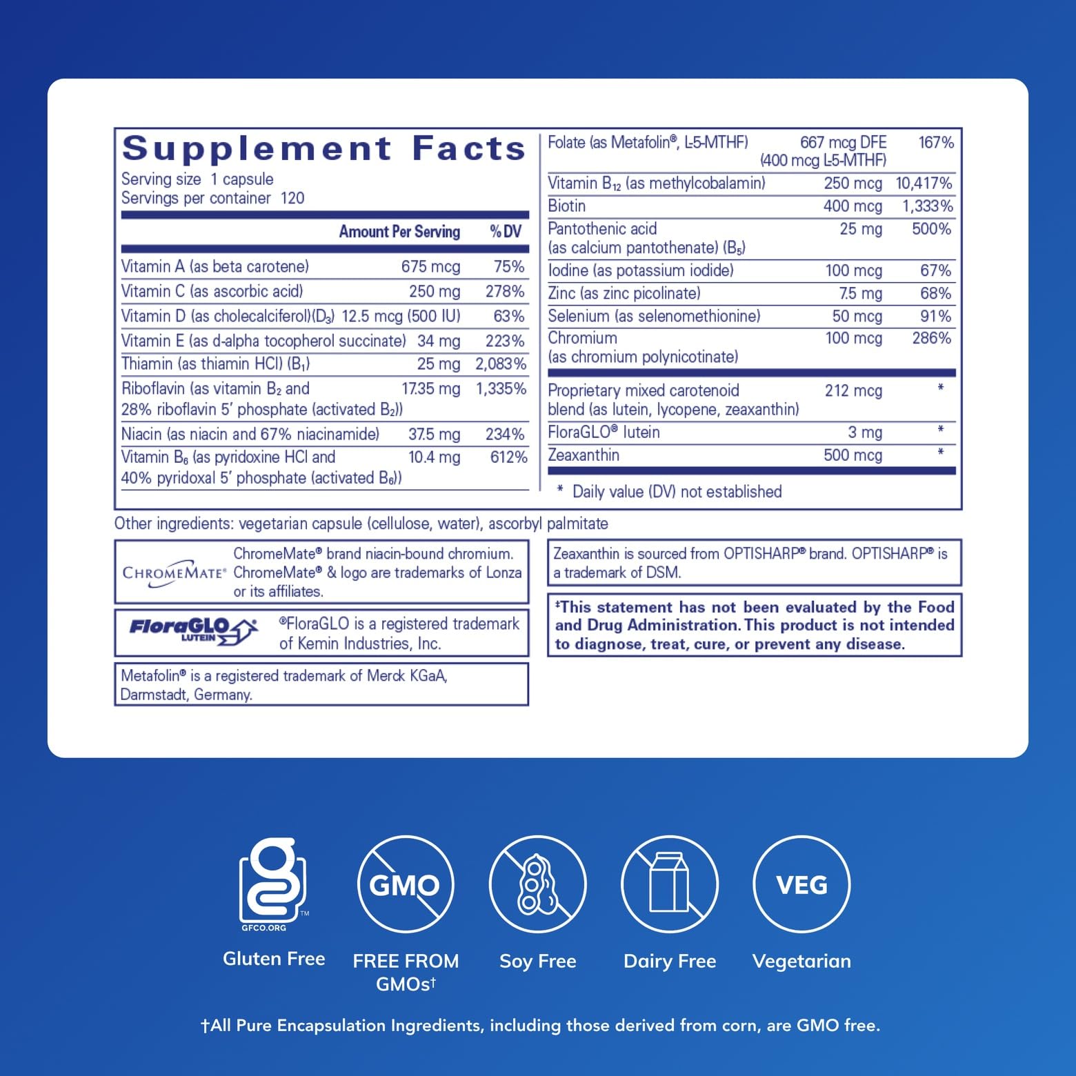 Etiqueta de Pure Encapsulations Multi T/D mostrando ingredientes clave.