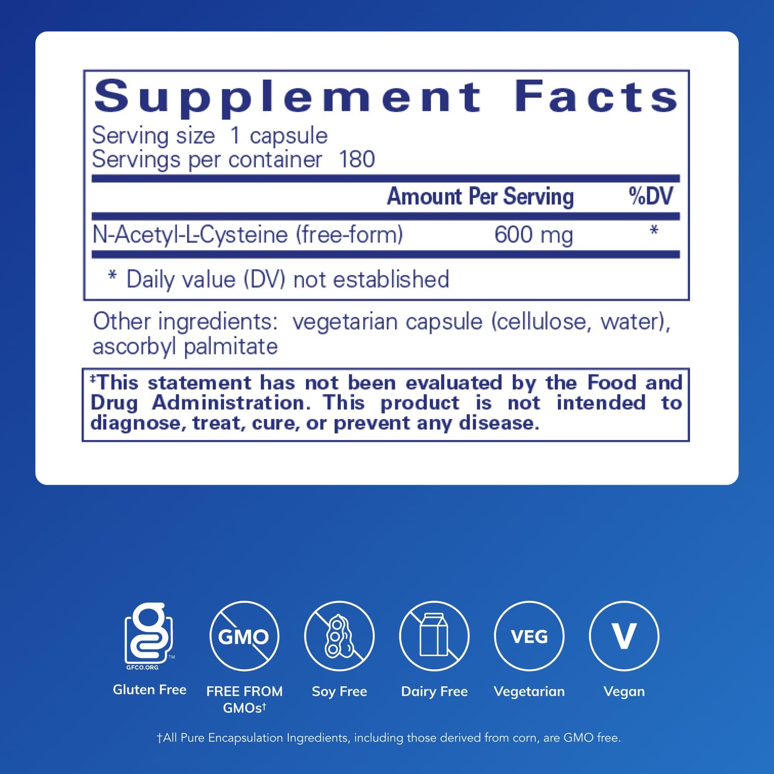 Pure Encapsulations NAC 600 mg, bote trasero, información de contenido