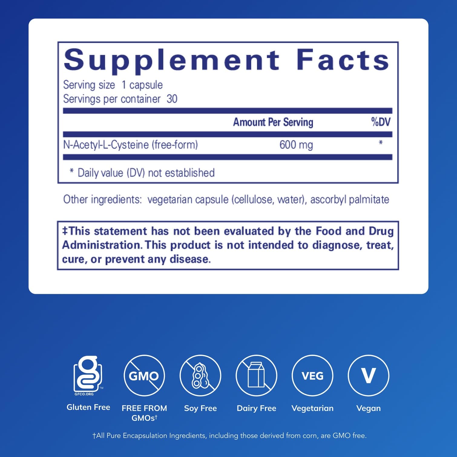 Etiqueta de Pure Encapsulations NAC 600mg con dosis y uso sugerido