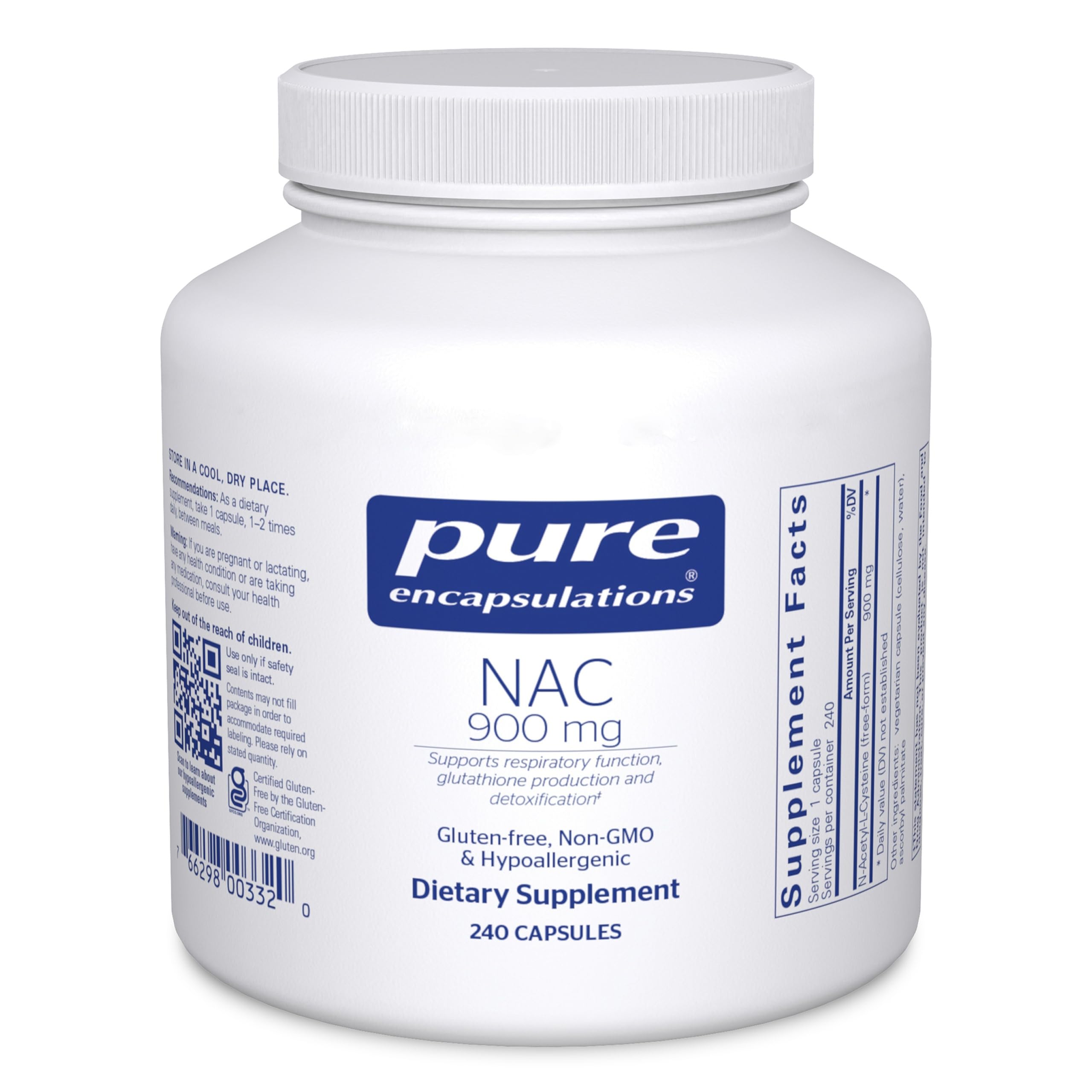 Pure Encapsulations NAC 900 mg: botella, posible soporte respiratorio para uso diario.