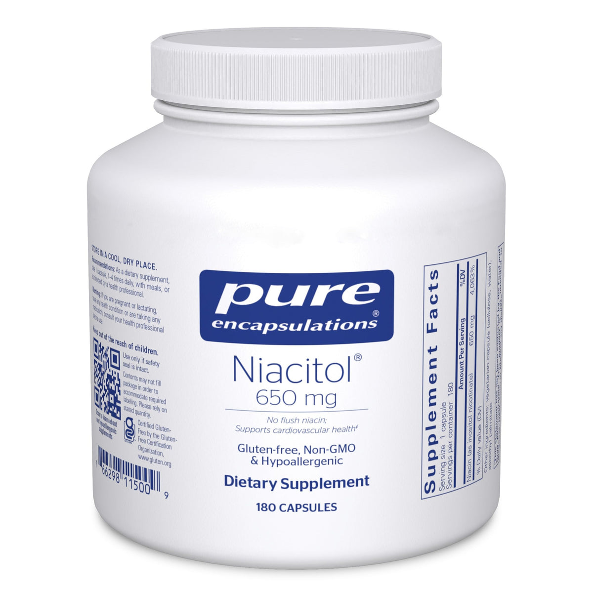 Niacitol 650 mg de Pure Encapsulations, botella, posible apoyo al metabolismo y digestión suave.