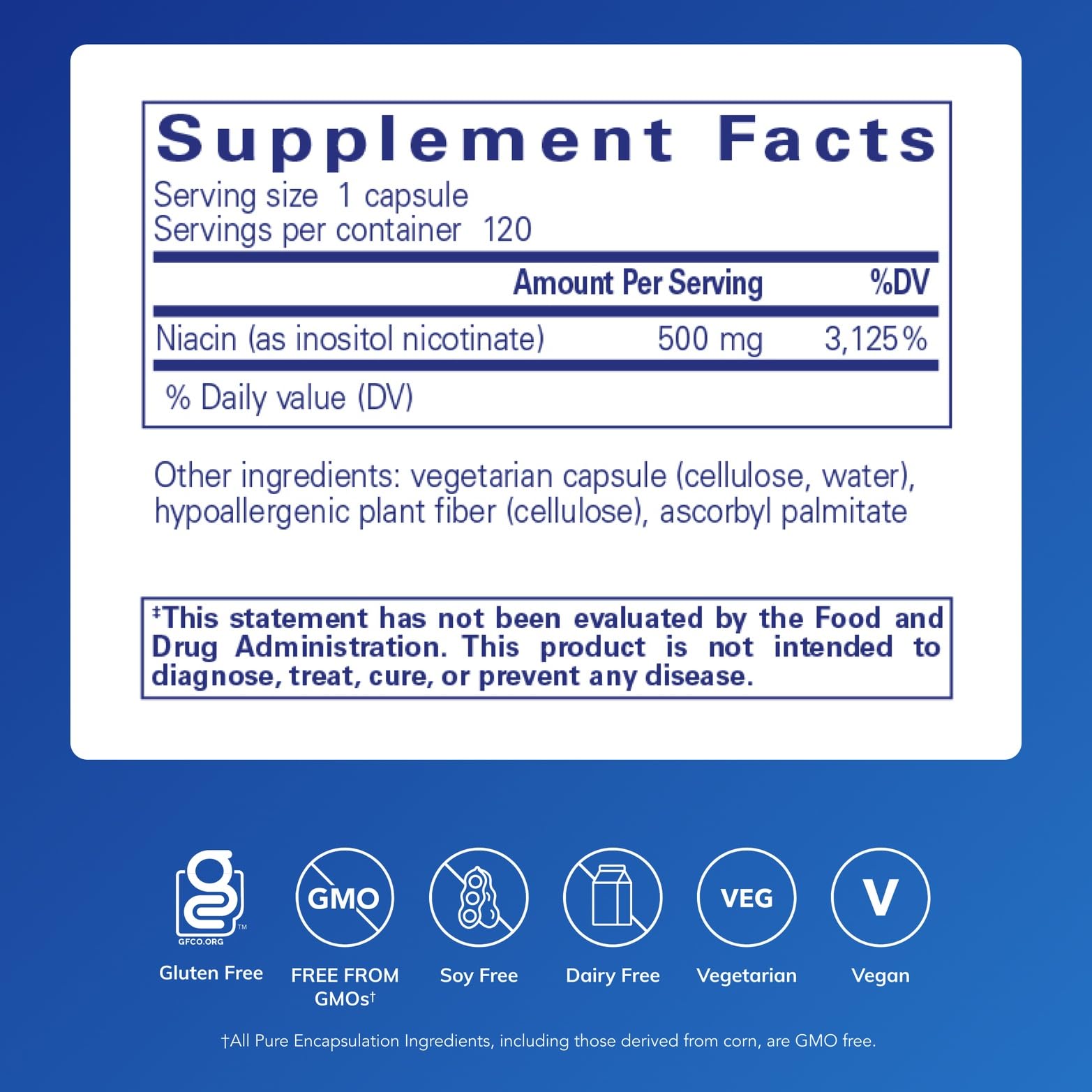 Niacitol de Pure Encapsulations: etiqueta frontal clara para identificar la dosis.