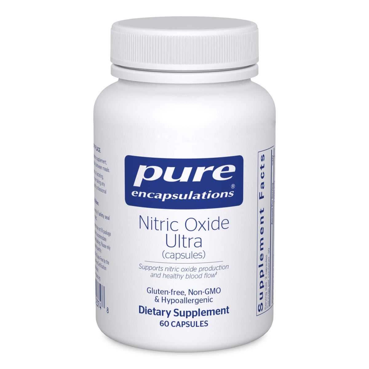 Pure Encapsulations Nitric Oxide Ultra en envase, apoyo potencial al flujo sanguíneo saludable.