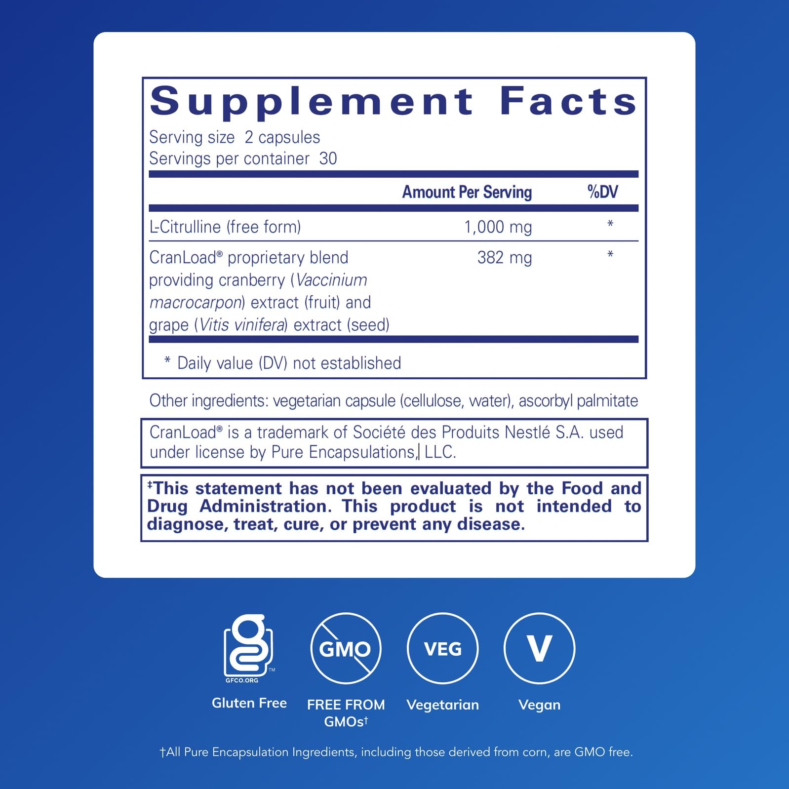 Pure Encapsulations Nitric Oxide Ultra en etiqueta, fórmula con L-Citrulina y CranLoad para bienestar diario.