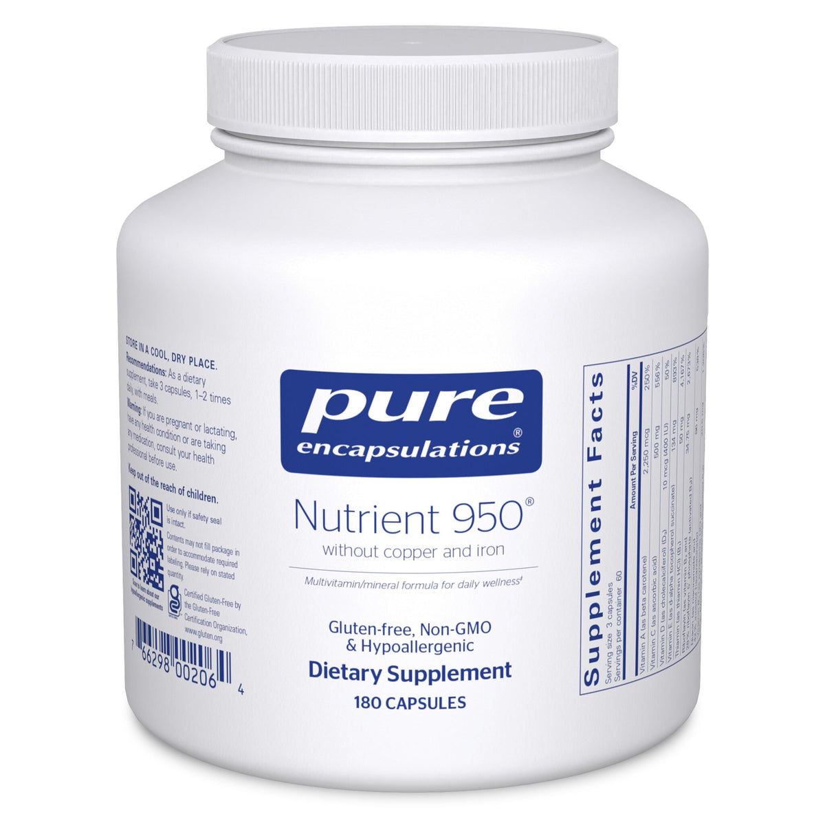 Pure Encapsulations Nutrient 950 sin cobre e hierro en botella, uso diario suave.