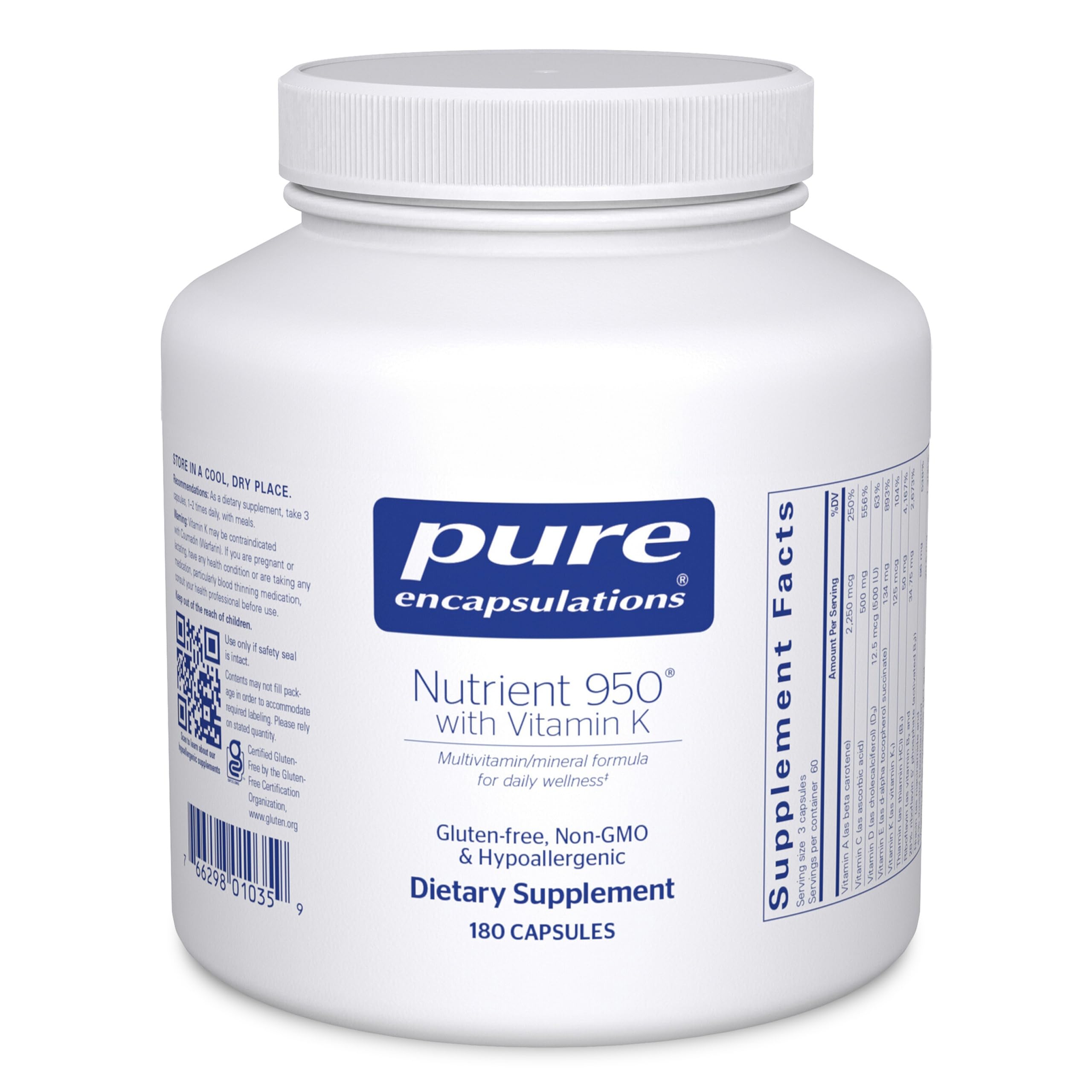 Pure Encapsulations Nutriente 950 cápsulas, frasco de uso diario para huesos y arterias.