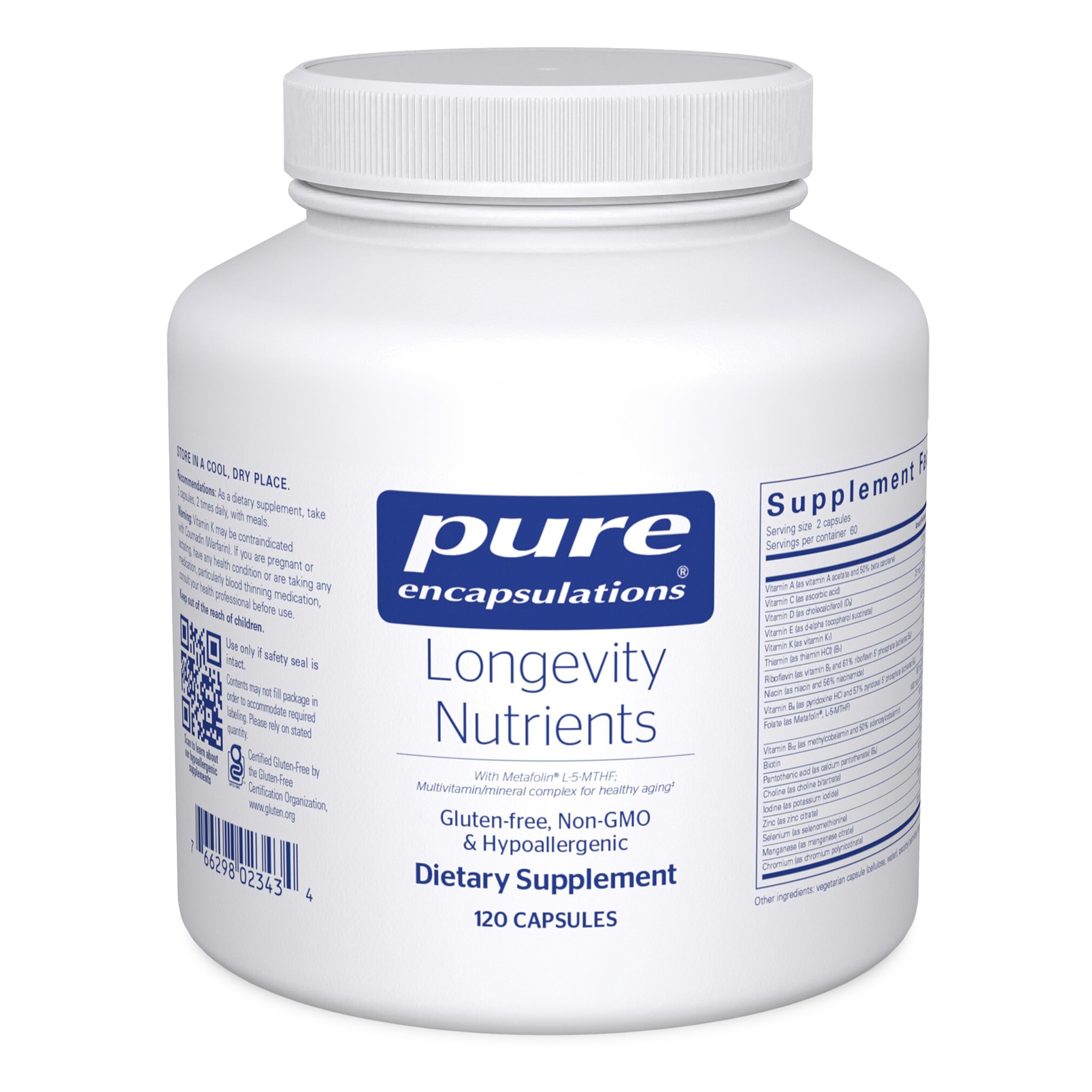 Pure Encapsulations Nutrientes de longevidad: botella frontal, posible apoyo a la salud general.
