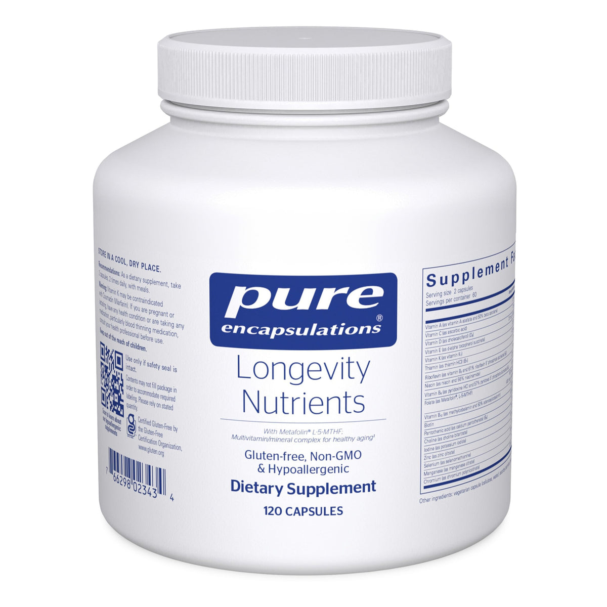 Pure Encapsulations Nutrientes de longevidad: botella frontal, posible apoyo a la salud general.