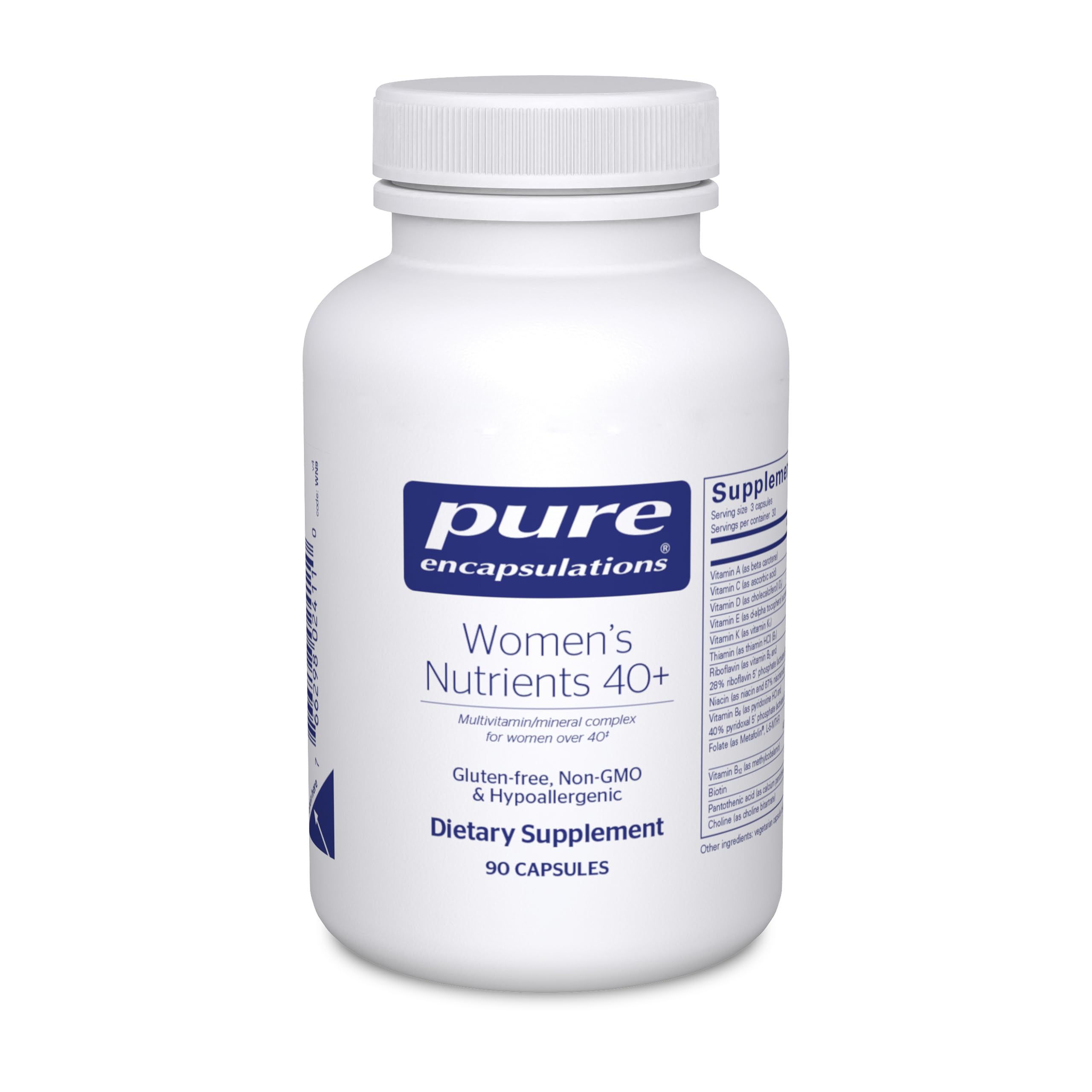 Pure Encapsulations nutrientes mujeres 40+ en botella para soporte diario.