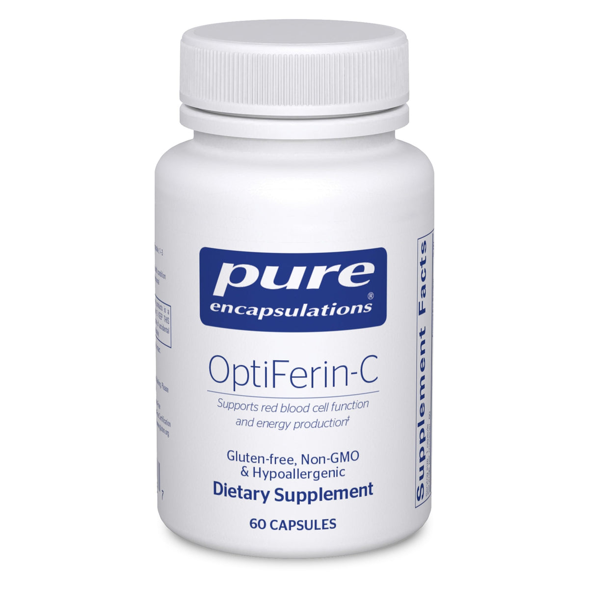 Pure Encapsulations OptiFerin-C, botella de cápsulas favorece la absorción de hierro.