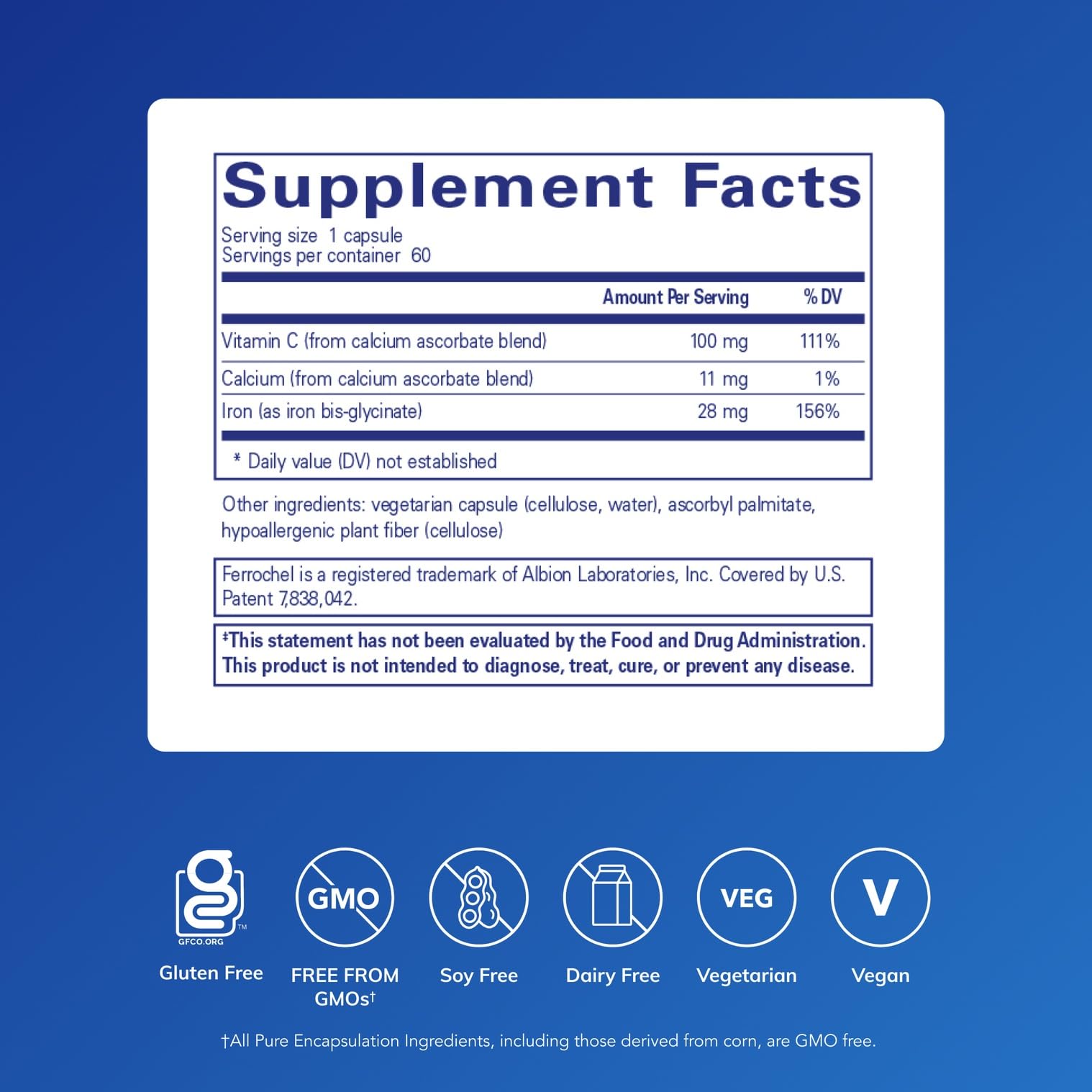OptiFerin-C, cápsulas pequeñas, fáciles de tomar con las comidas para energía diaria.