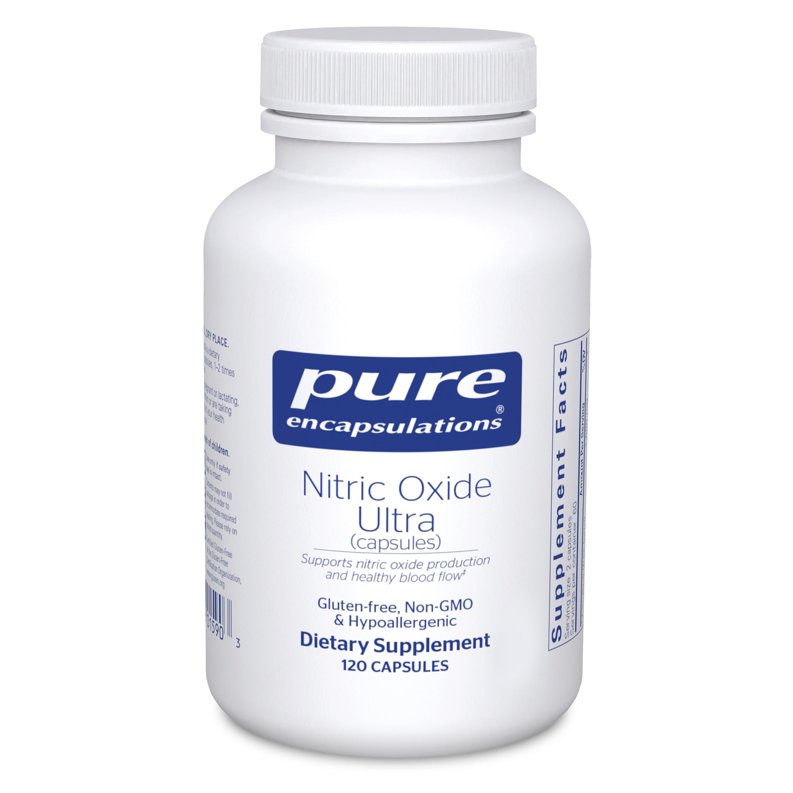 Pure Encapsulations Óxido Nítrico Ultra: botella vertiendo para apoyo diario al flujo sanguíneo.