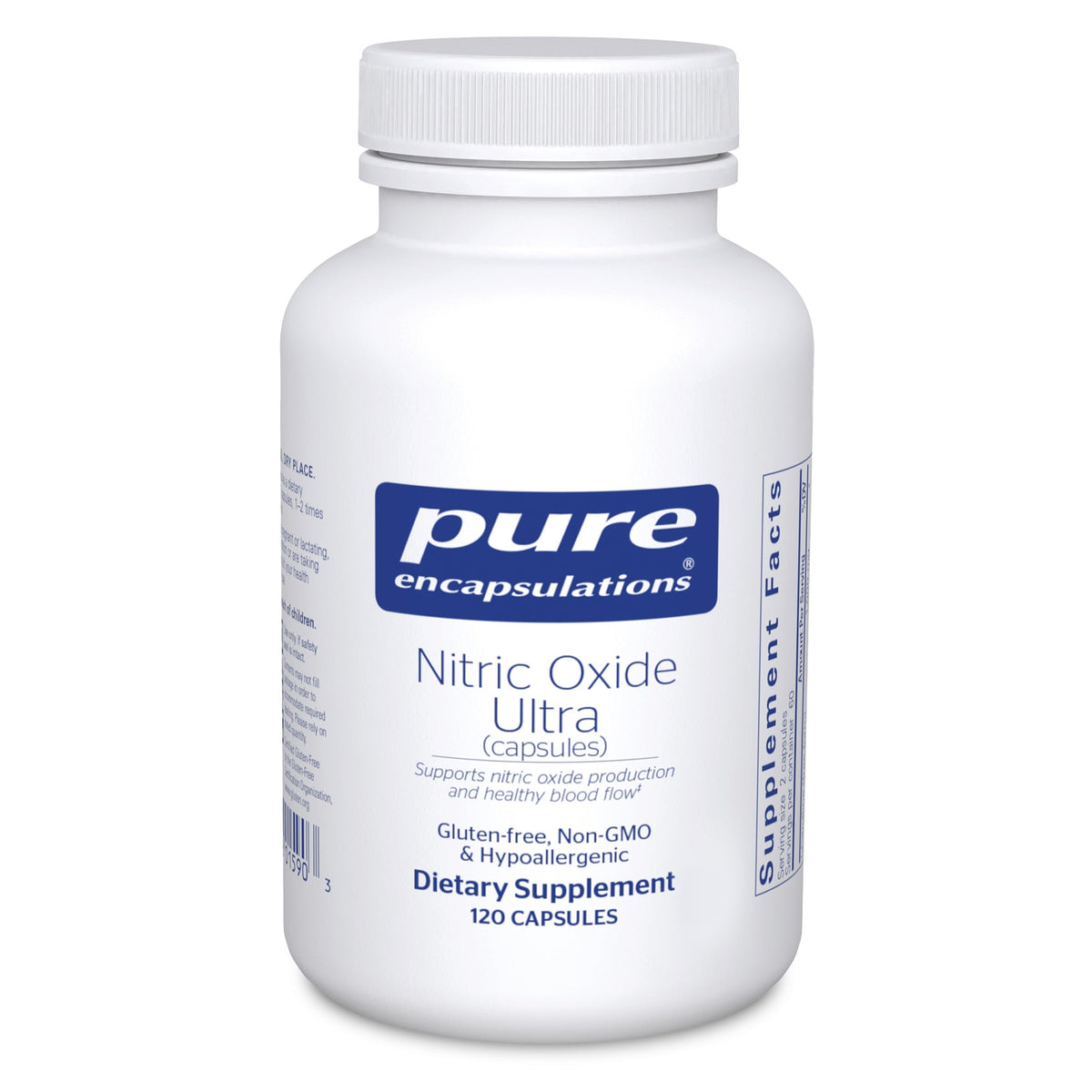 Pure Encapsulations Óxido Nítrico Ultra: botella vertiendo para apoyo diario al flujo sanguíneo.