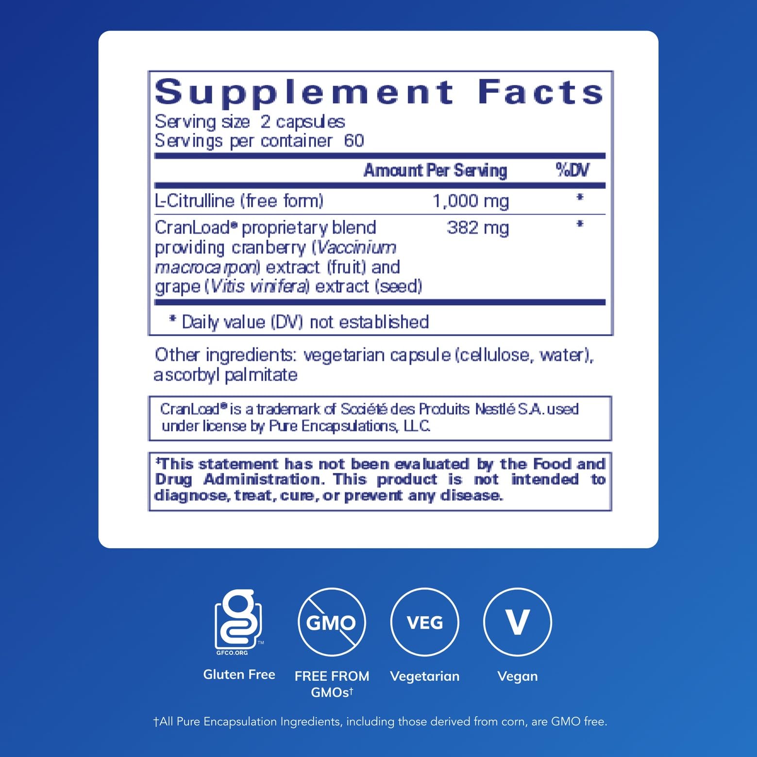 Pure Encapsulations Óxido Nítrico Ultra: etiqueta clara para revisar ingredientes clave.