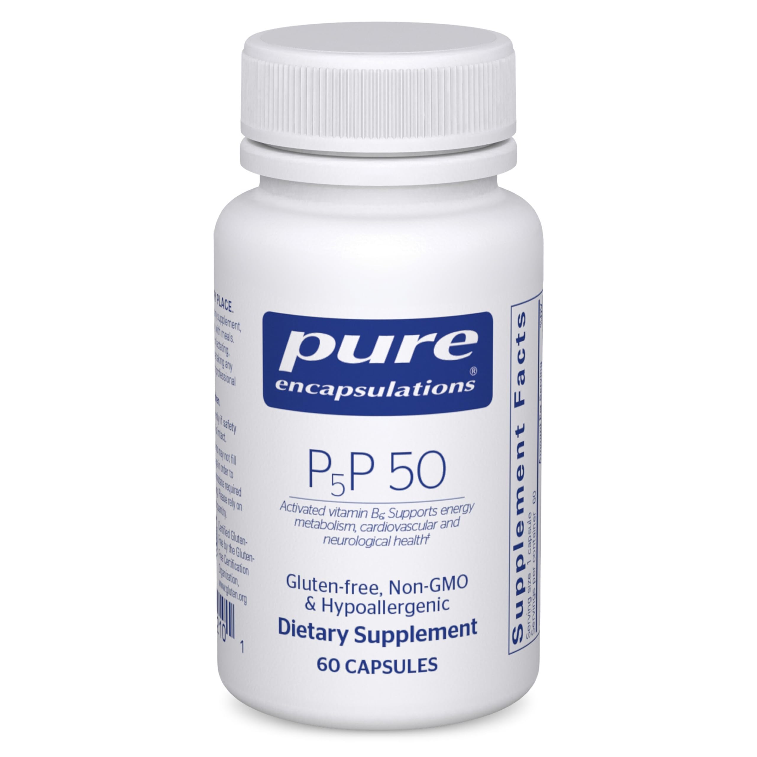 Botella de Pure Encapsulations P5P 50 con cápsulas para apoyar metabolismo de energía