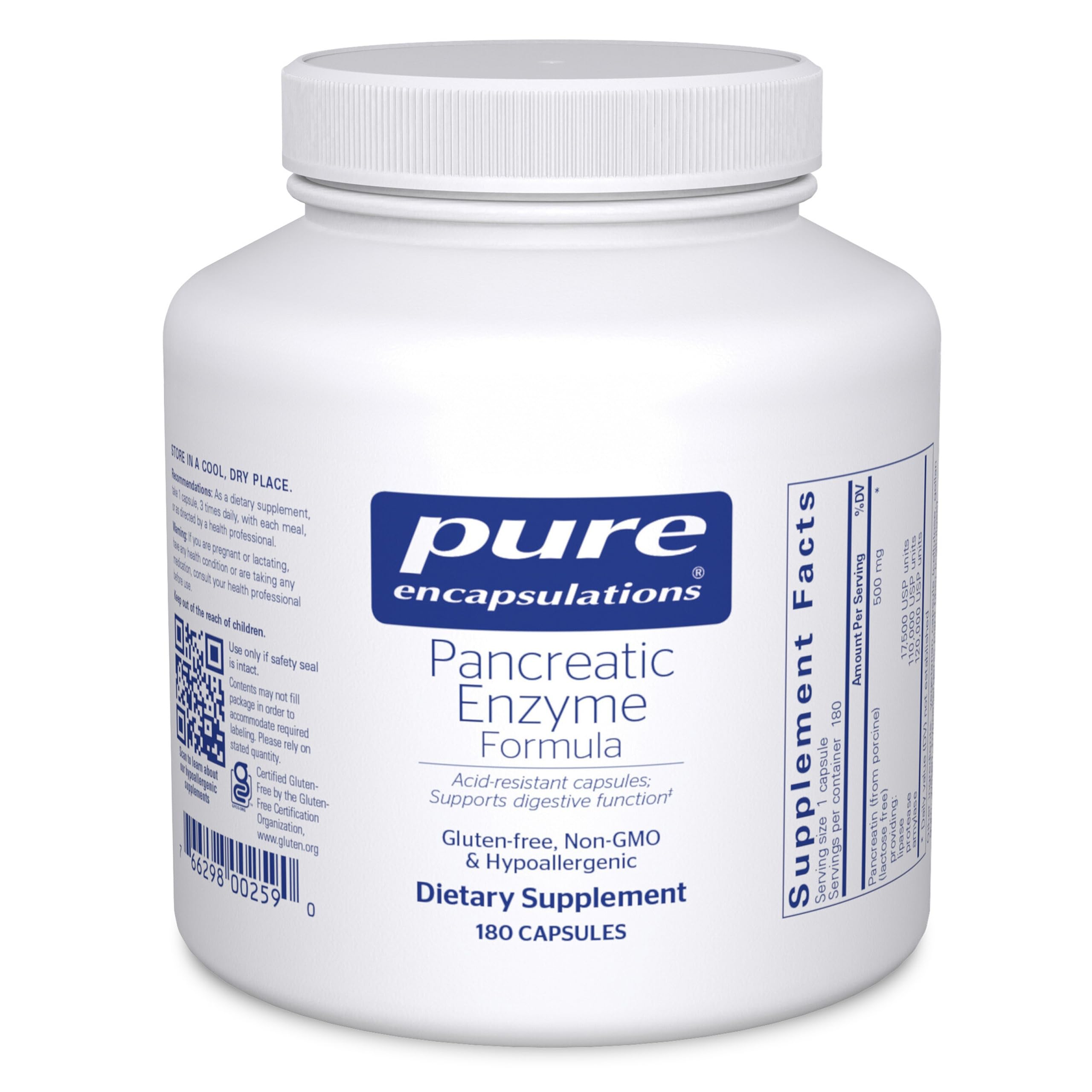 Pure Encapsulations Pancreatic Enzyme Formula, botella frontal, apoyo digestivo suave durante las comidas.