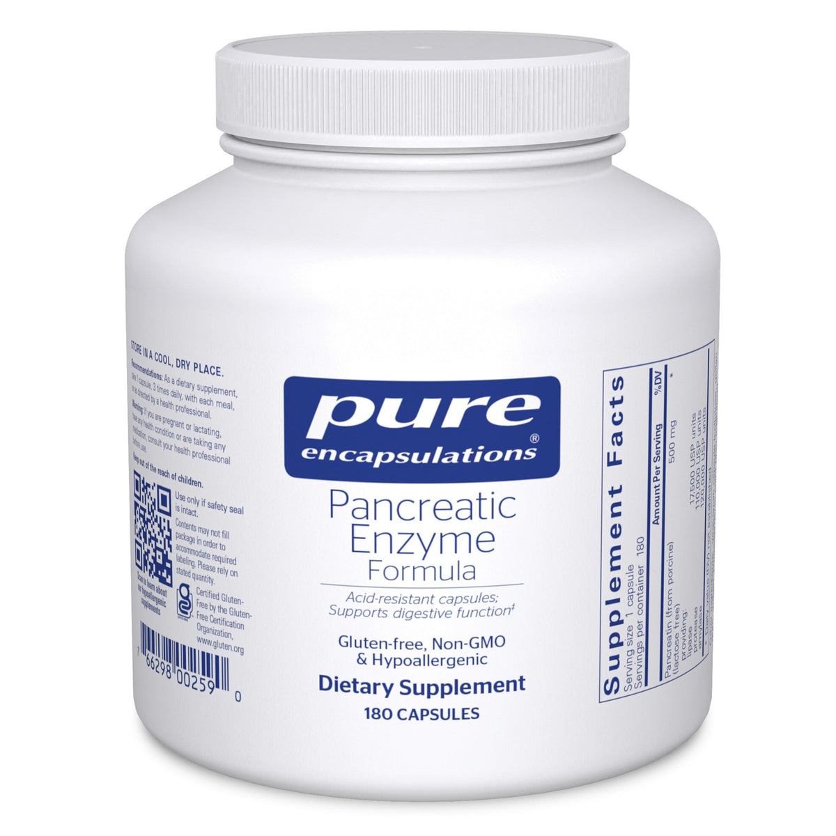 Pure Encapsulations Pancreatic Enzyme Formula, botella frontal, apoyo digestivo suave durante las comidas.