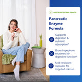 Pure Encapsulations Pancreatic Enzyme Formula, etiqueta frontal, información clara de ingredientes y beneficios.