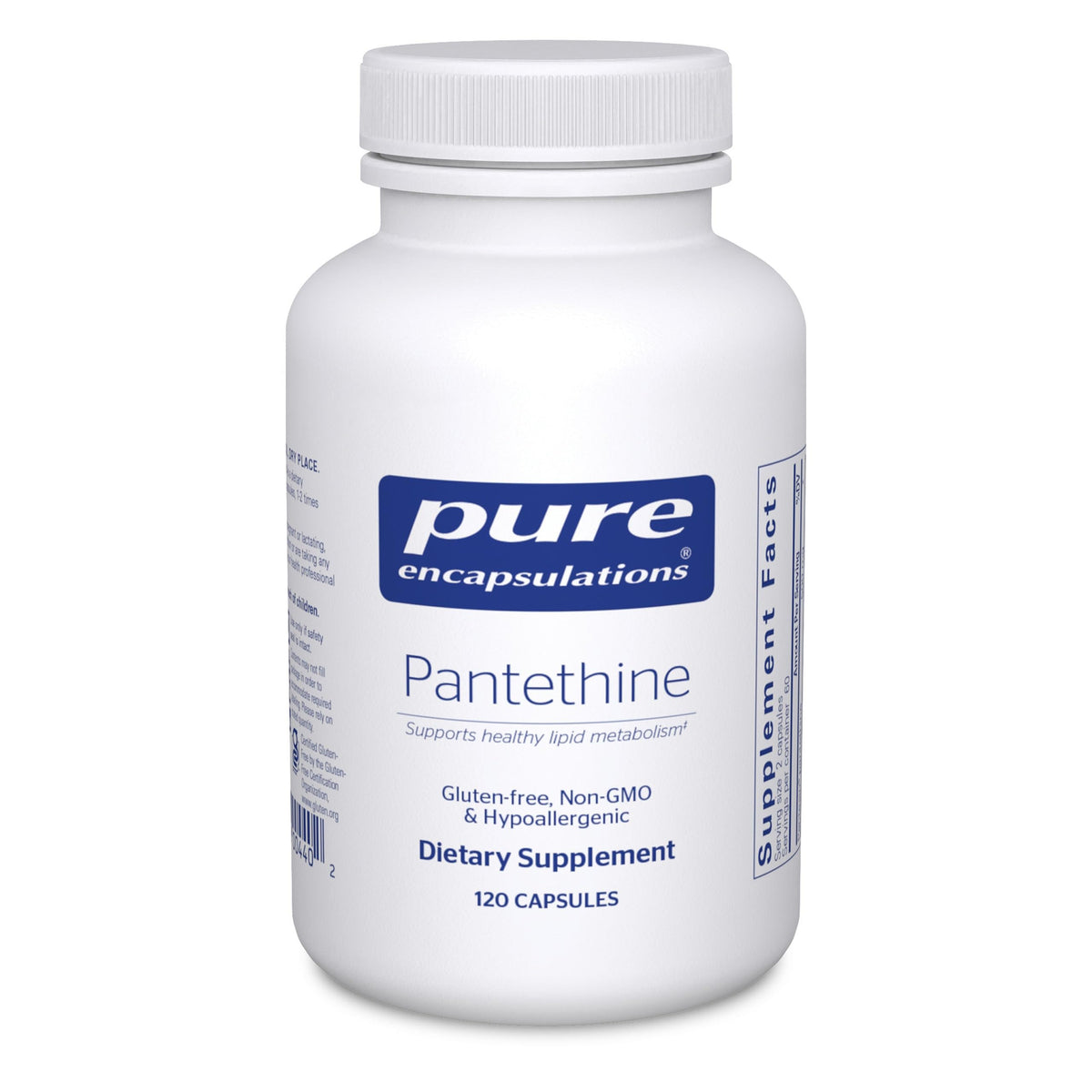 Pantethine de Pure Encapsulations: botella de cápsulas para apoyar metabolismo de grasas y salud cardiovascular.