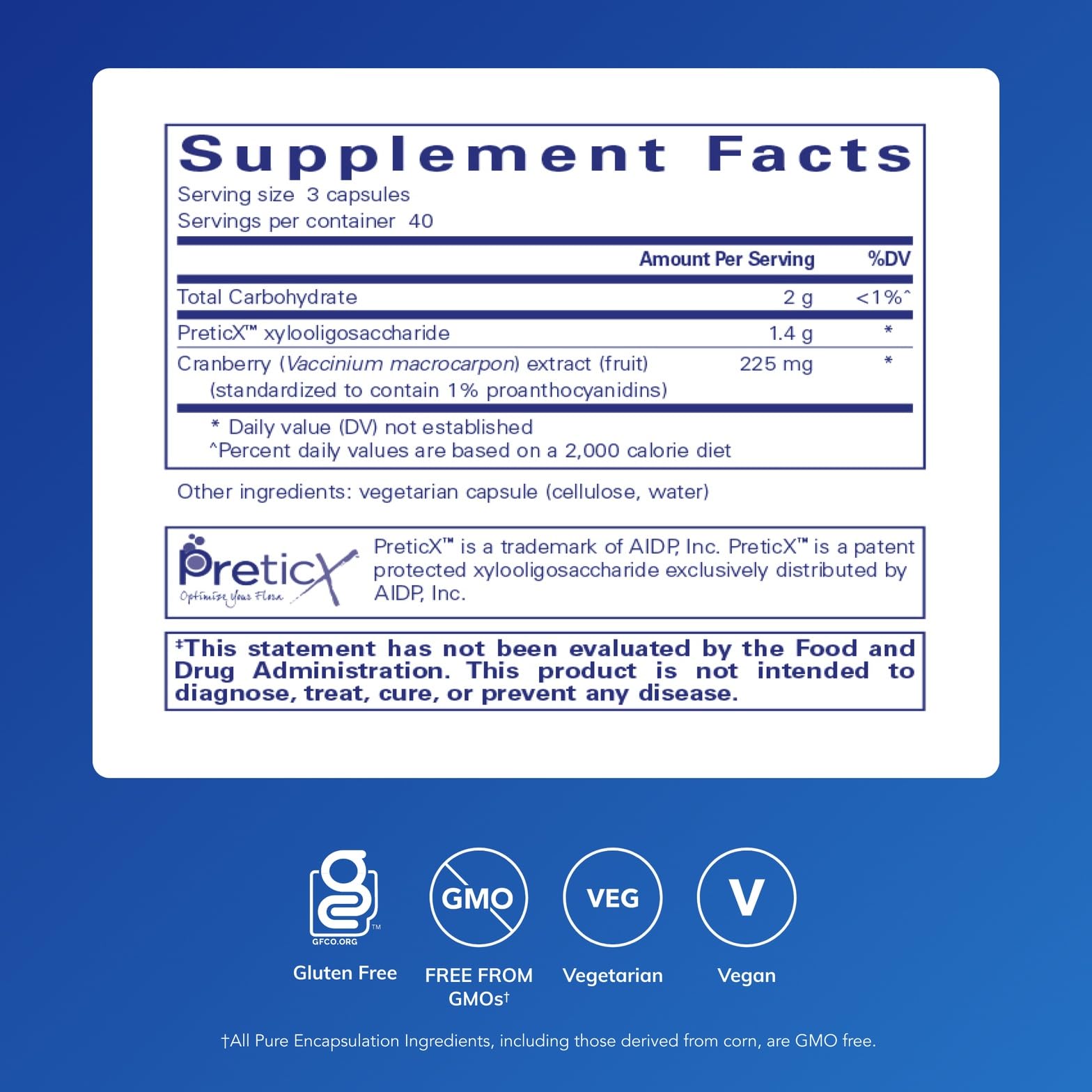 Pure Encapsulations Poly-Prebiotic etiqueta frontal para información clara