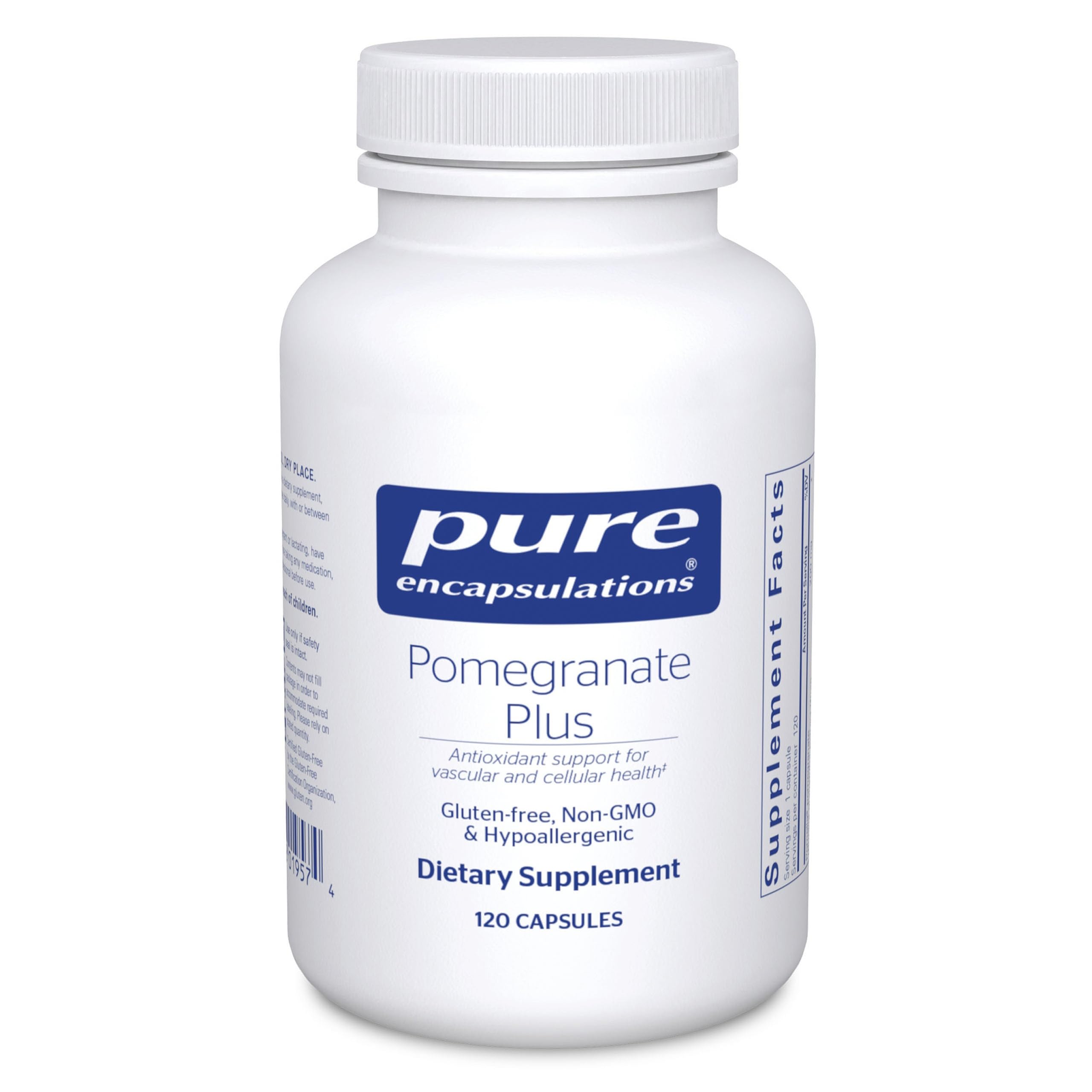 Pure Encapsulations Pomegranate Plus, botella, apoyo antioxidante para la salud vascular.