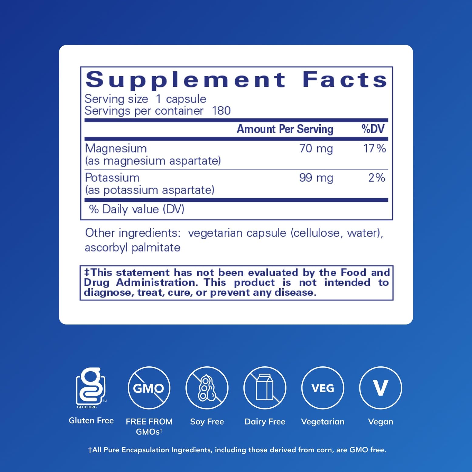 Pure Encapsulations Potasio-Magnésio (Aspartato) en cápsulas, favorece función nerviosa y muscular.