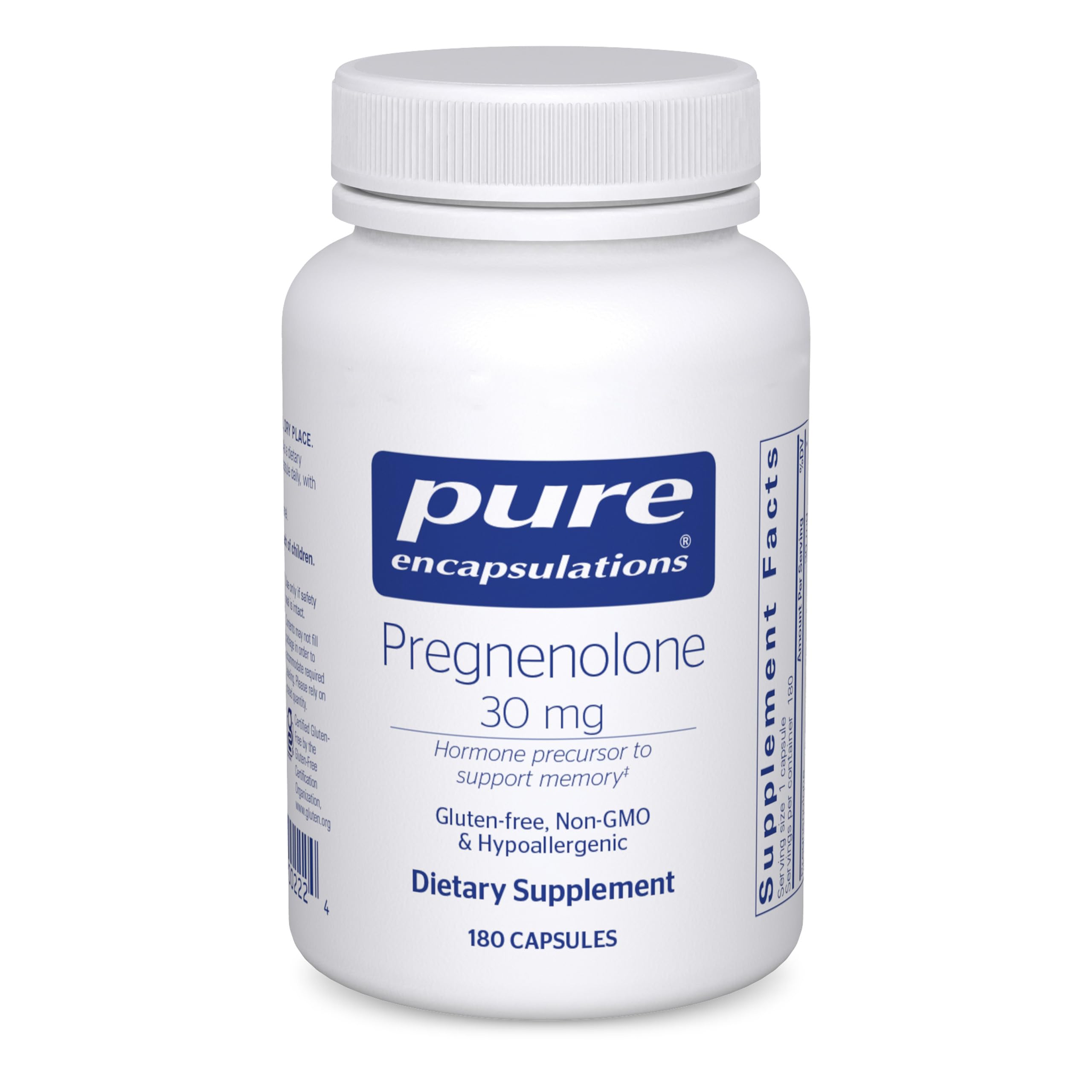 Botella frontal de Pure Encapsulations Pregnenolona 30 mg para apoyo hormonal y bienestar general