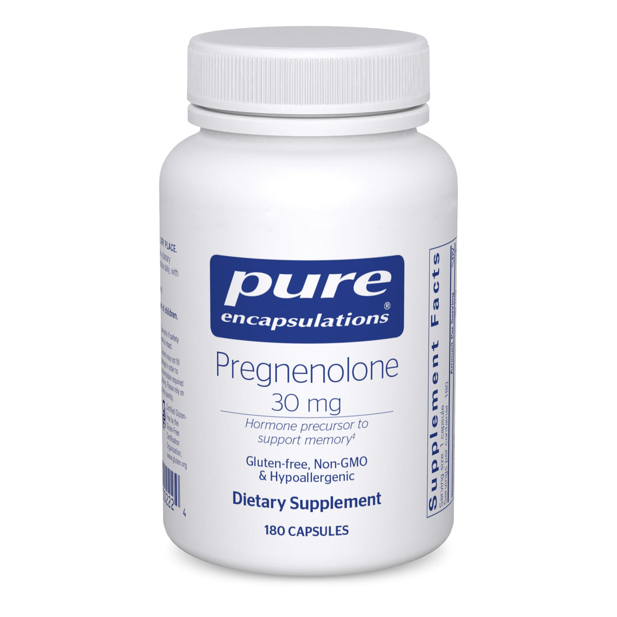 Botella frontal de Pure Encapsulations Pregnenolona 30 mg para apoyo hormonal y bienestar general