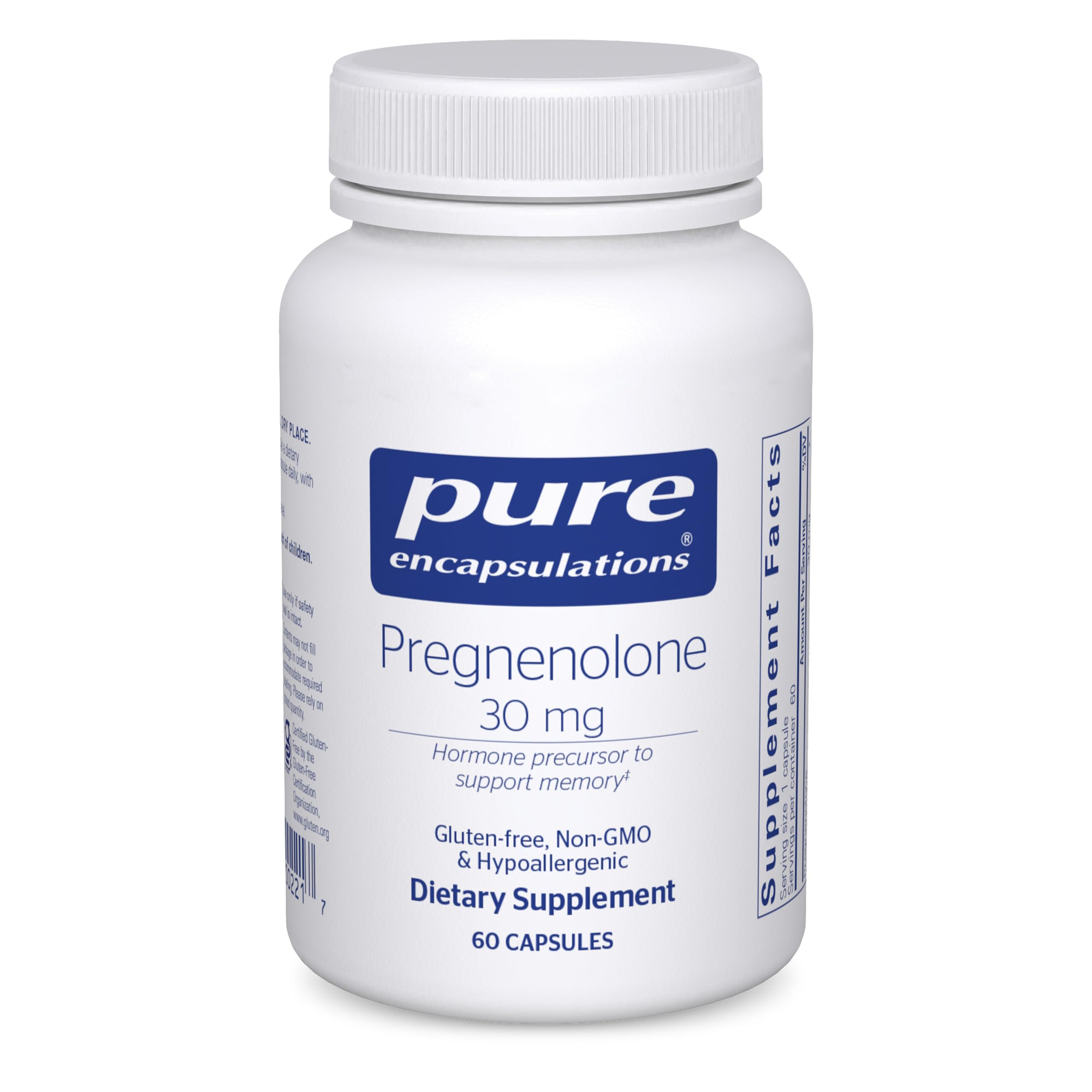 Pure Encapsulations Pregnenolona 30 mg en botella, apoyo hormonal suave y claridad mental.