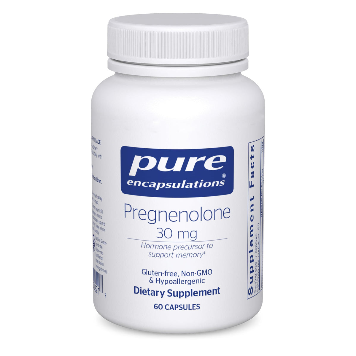 Pure Encapsulations Pregnenolona 30 mg en botella, apoyo hormonal suave y claridad mental.
