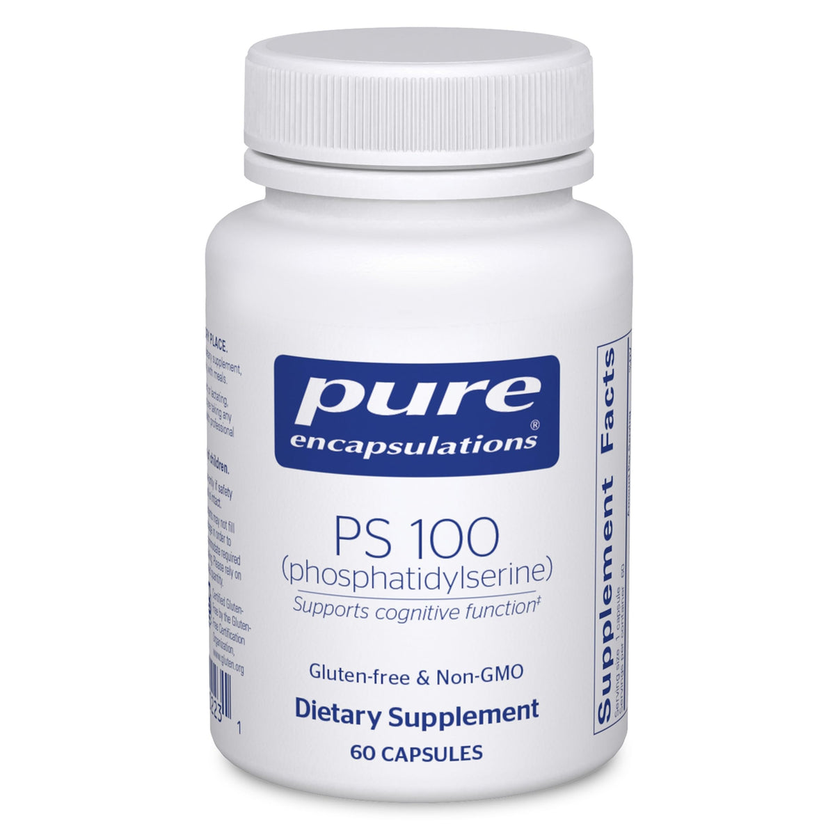 Pure Encapsulations PS100, botella de cápsulas, apoyo potencial a la claridad mental y la memoria.