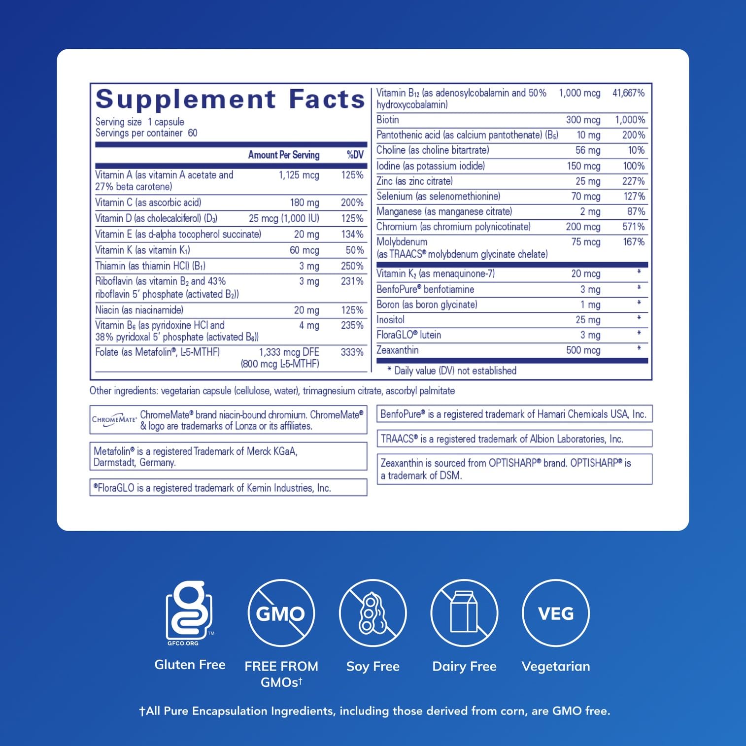 PureGenomics Multivitamin etiqueta detalle mostrando ingredientes clave