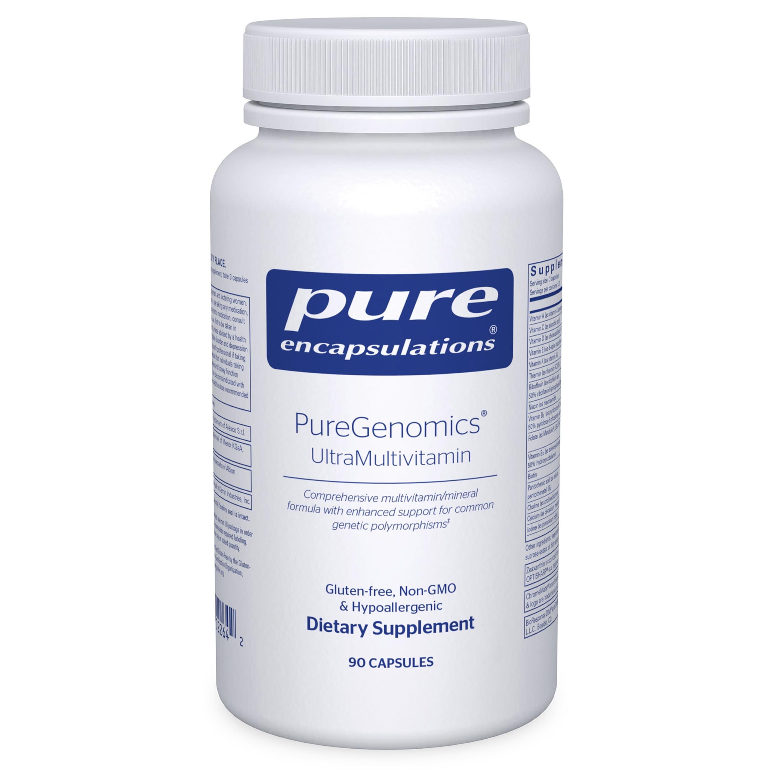 PureGenomics UltraMultivitamin en botella, ideal para uso diario y apoyo nutricional.