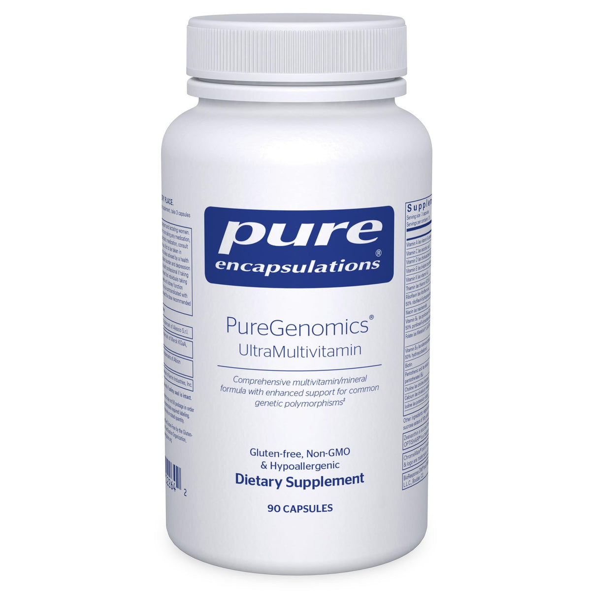PureGenomics UltraMultivitamin en botella, ideal para uso diario y apoyo nutricional.