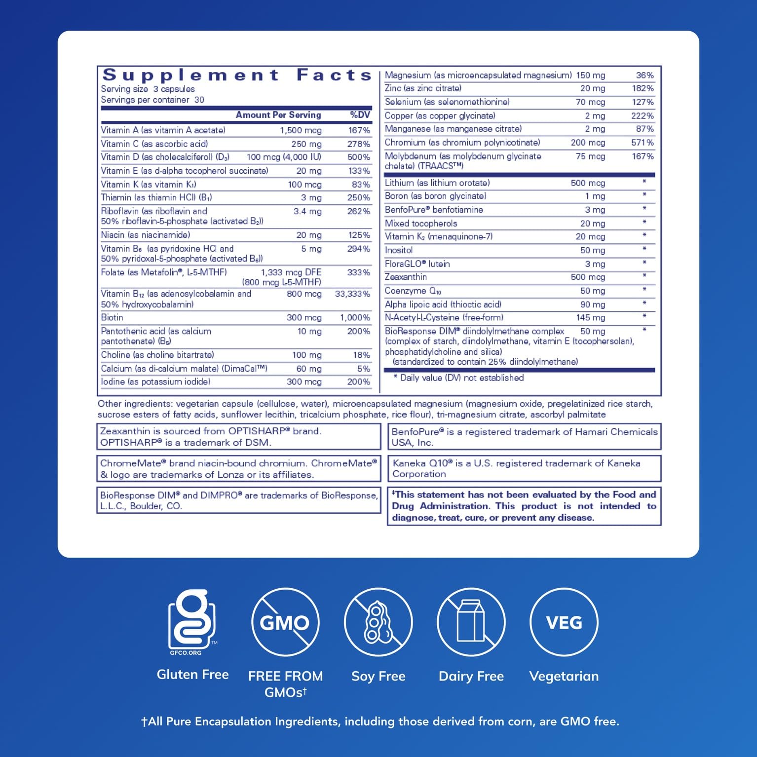 Etiqueta frontal de PureGenomics UltraMultivitamin facilita la identificación rápida de beneficios.