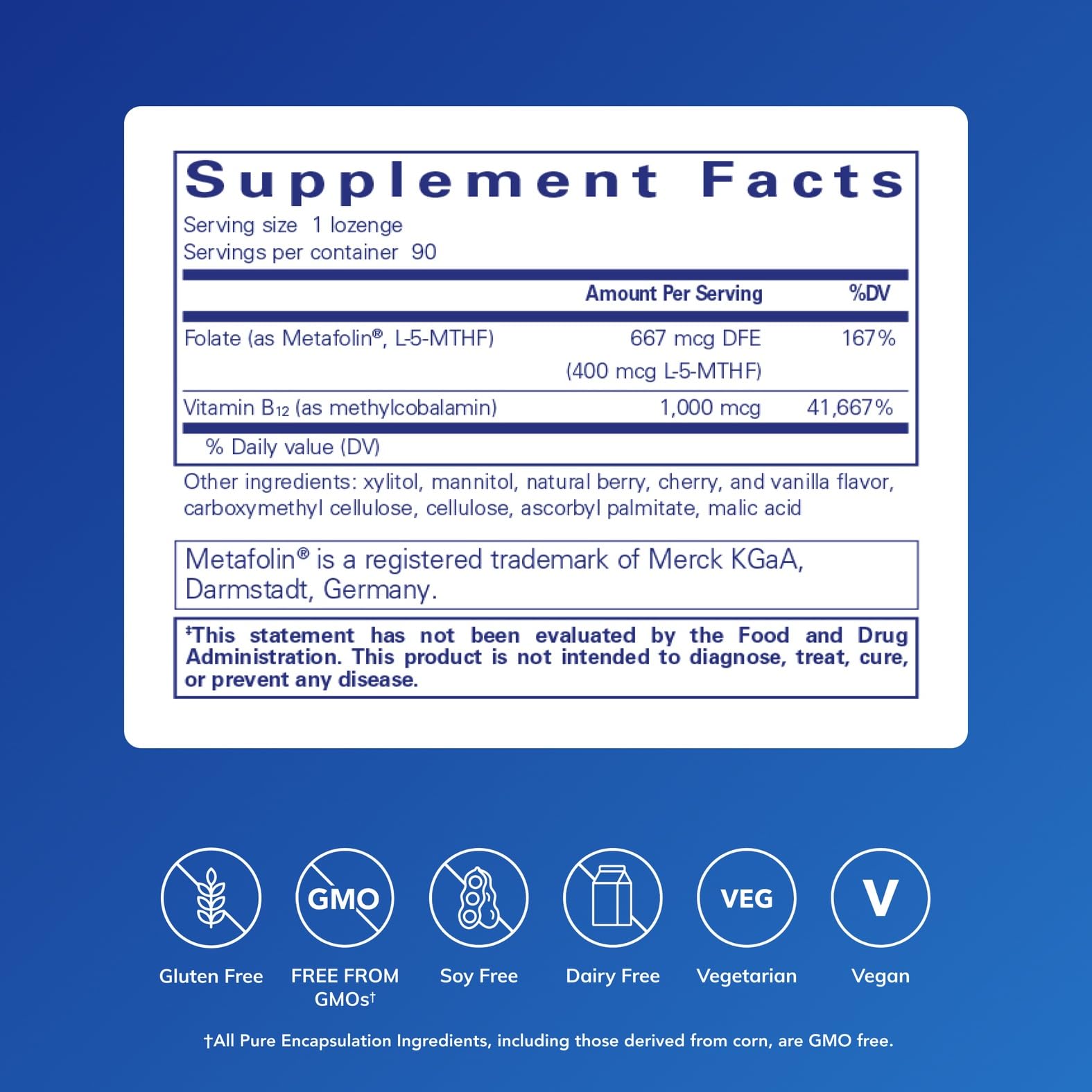 Envase PureMelt B12 Folate de 90 pastillas para disolverse en la boca
